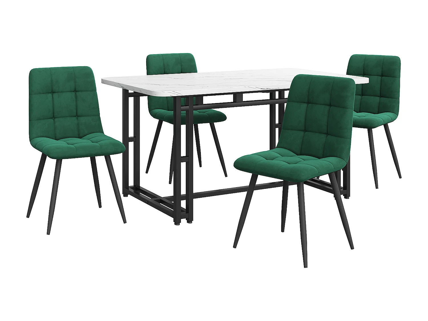 Ensemble table fixe et chaise 140 x 80 cm - pieds noirs et plateau blanc - avec 4 chaises en velours vert foncé