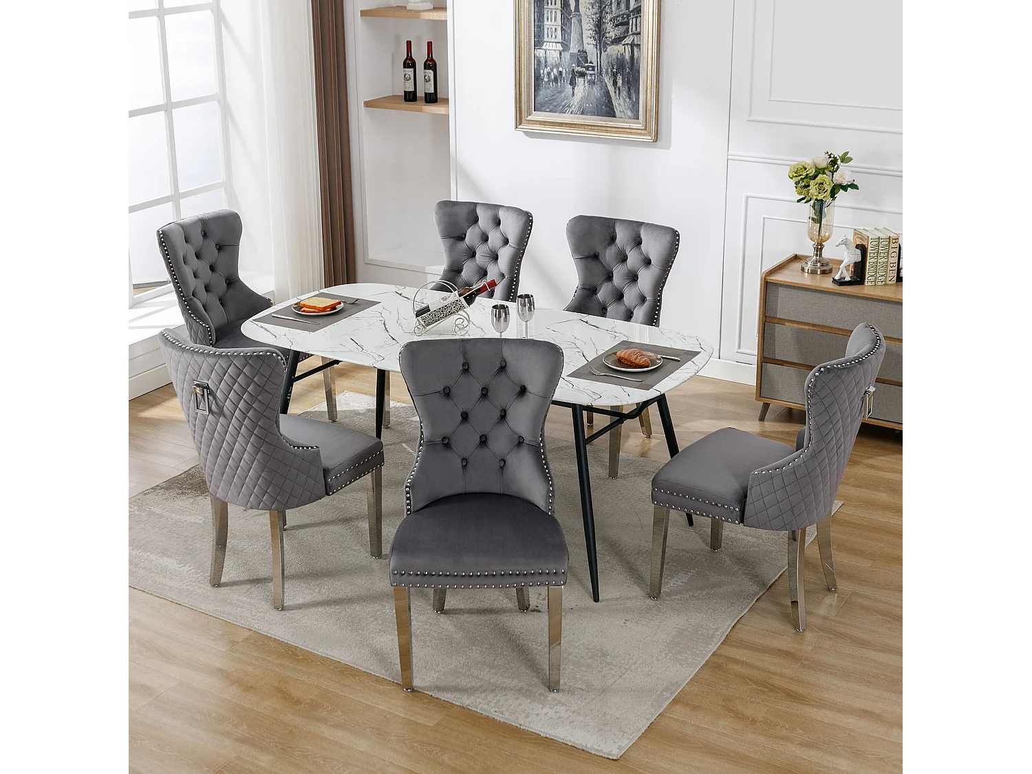 Lot de 6 chaises de salle à manger - anneaux de porte originaux au dossier - velours gris