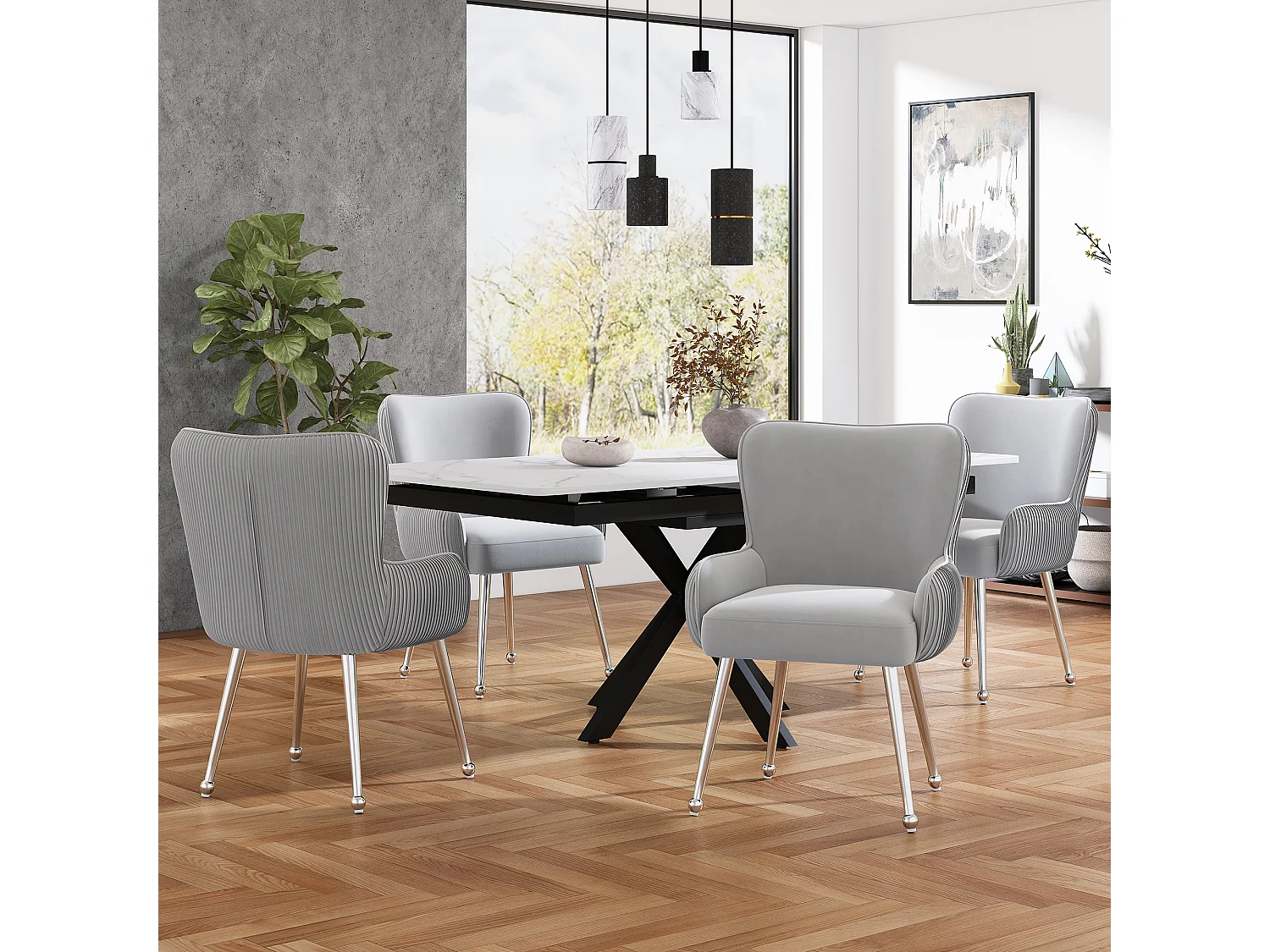 Lot de 2 chaises en velours avec accoudoirs, pieds métal réglables – gris et argent