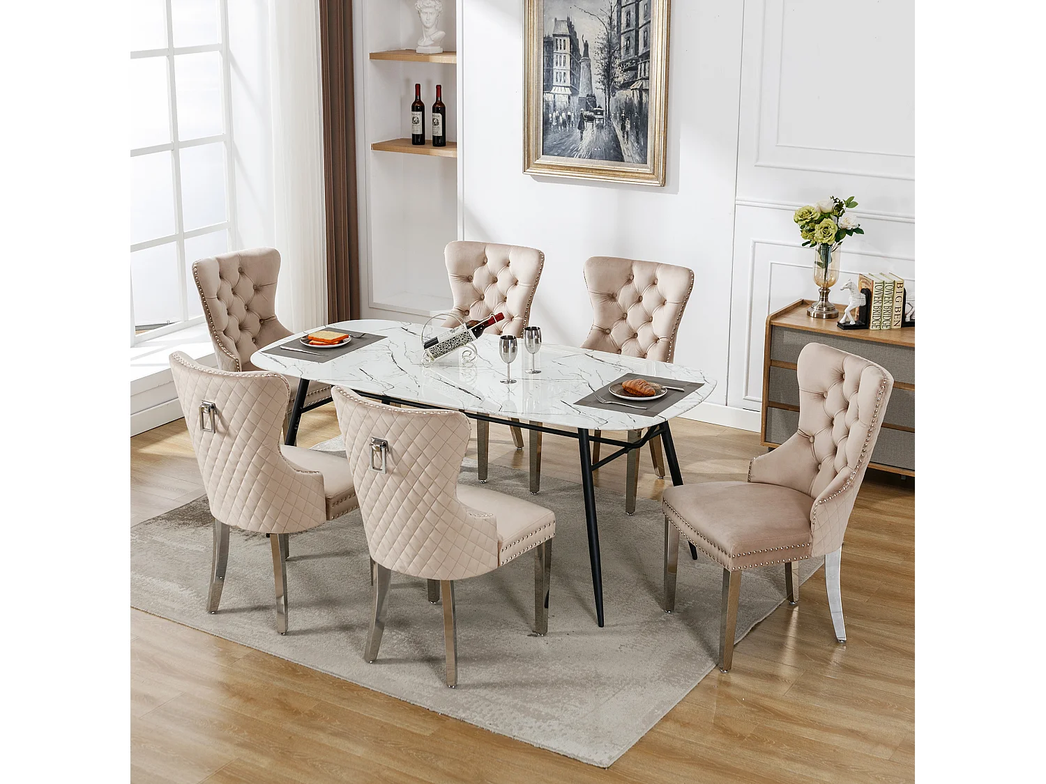 Juego de 6 sillas de comedor - anillas originales en el respaldo - terciopelo beige