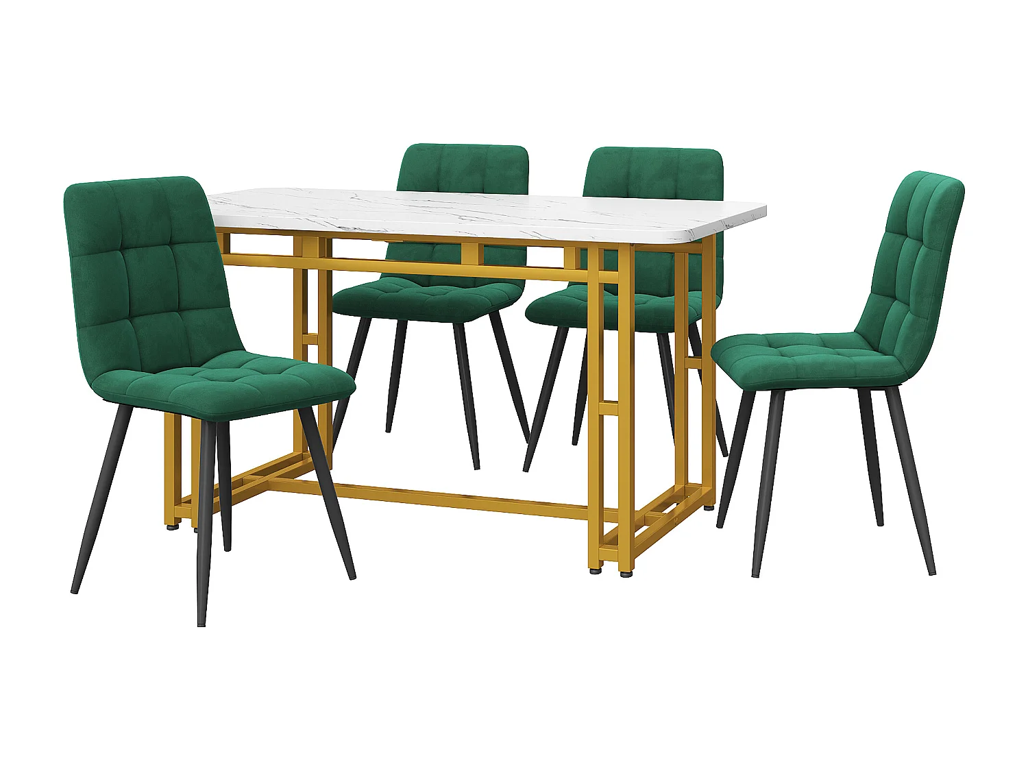 Tafel- en stoelenset 120 x 70 cm - gouden poten en wit blad - met 4 donkergroene fluwelen stoelen