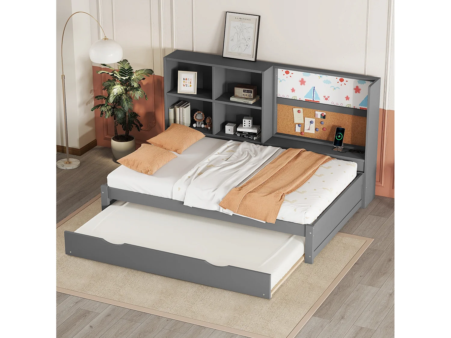 Opklapbed 90x200 cm - met USB, planken - grijs