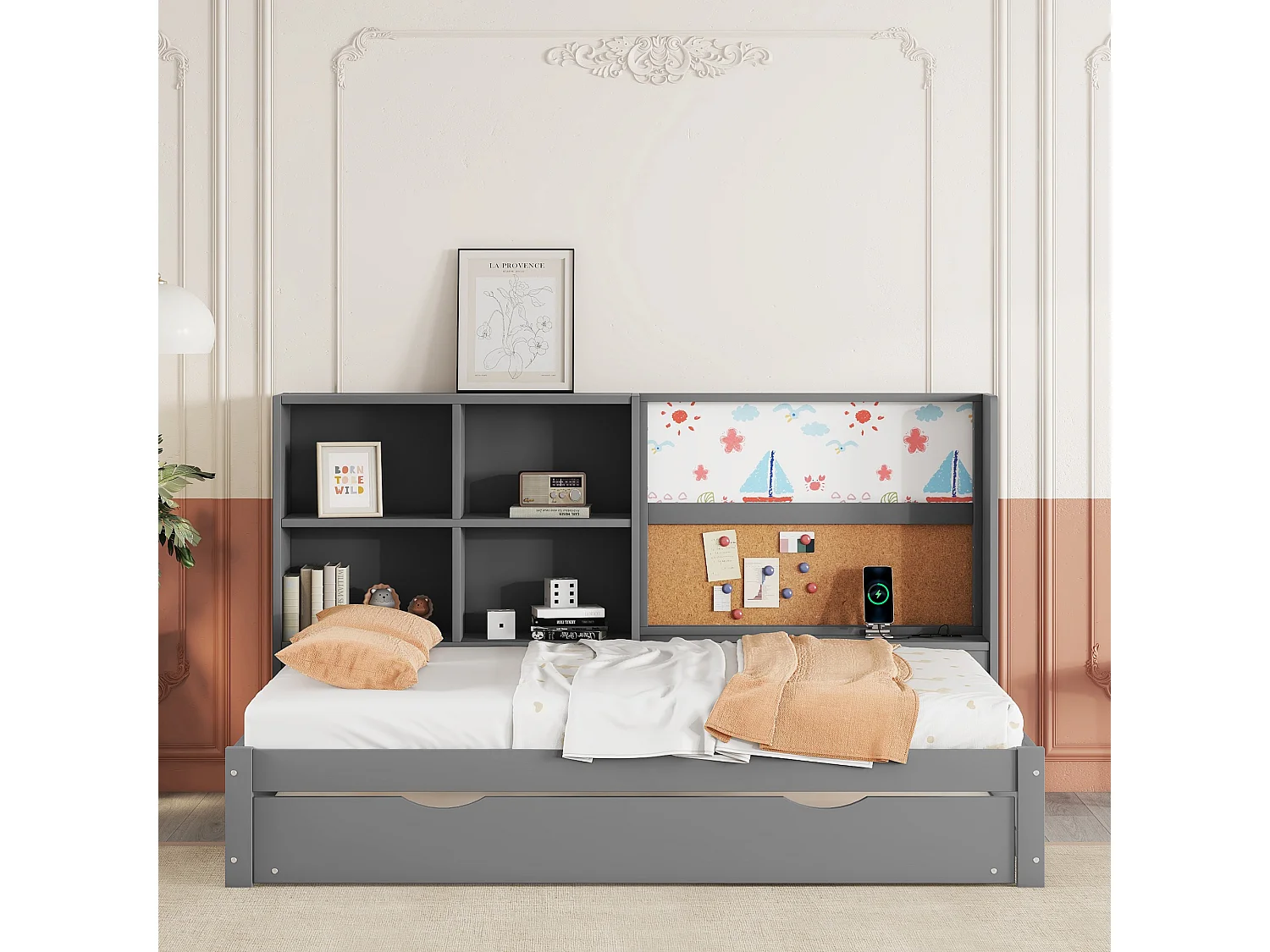 Opklapbed 90x200 cm - met USB, planken - grijs