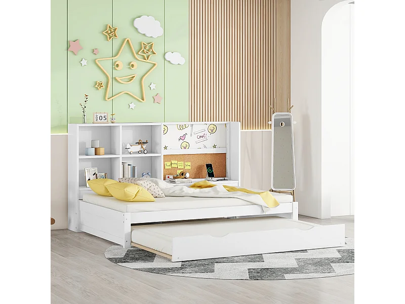 Łóżko z wysuwanym stelażem 90x200 cm - z USB i półkami - białe