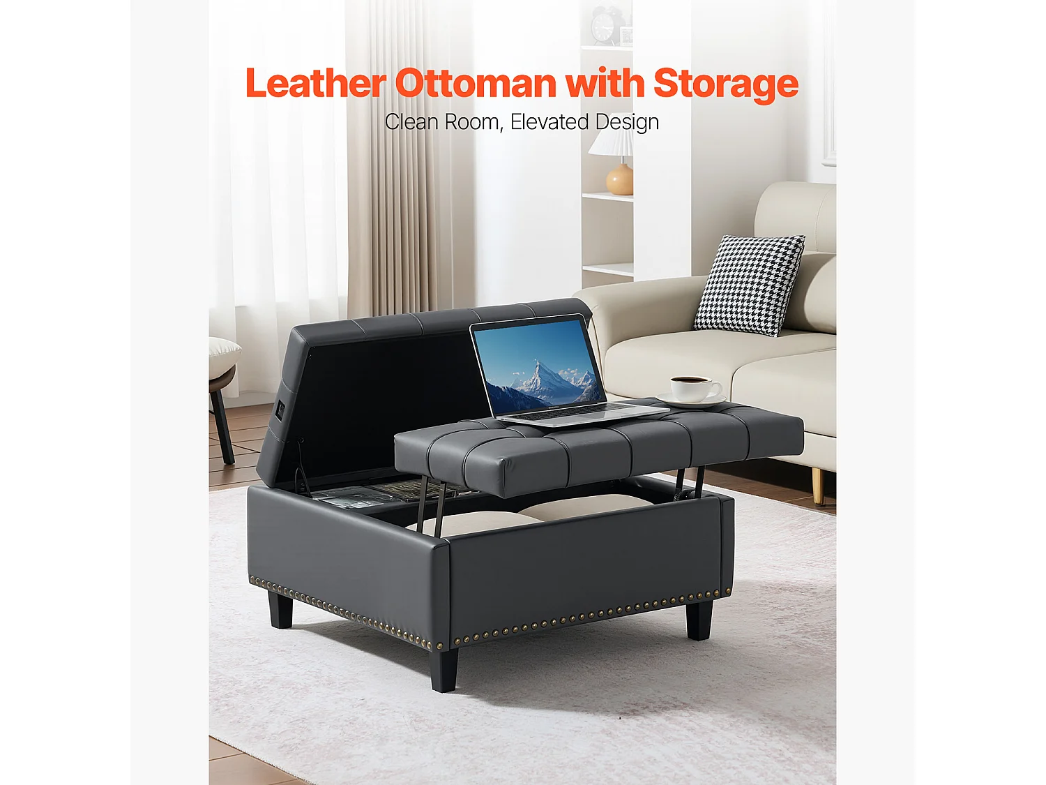 Pouf de Rangement SucceBuy Carré en Cuir, Table Basse Capitonnée et Rembourrée avec Plateau Relevable et Rabattable, Ottomane de Rangement pour Salon