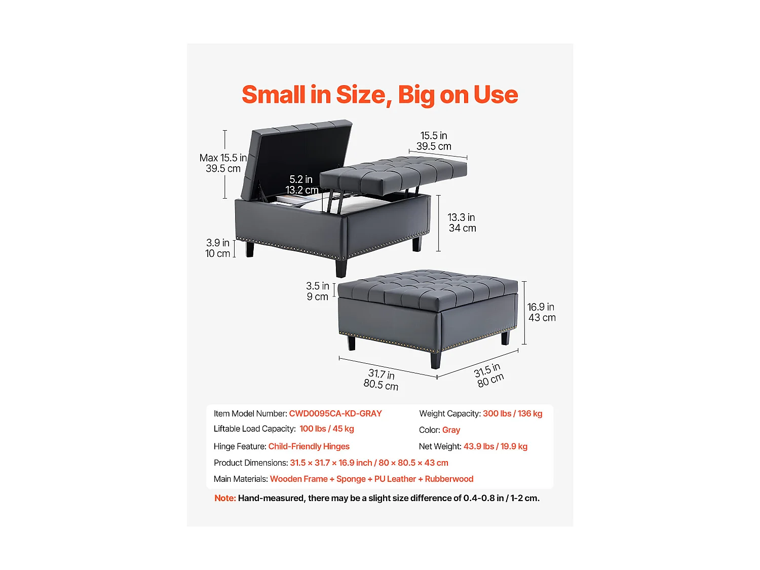 Pouf de Rangement SucceBuy Carré en Cuir, Table Basse Capitonnée et Rembourrée avec Plateau Relevable et Rabattable, Ottomane de Rangement pour Salon