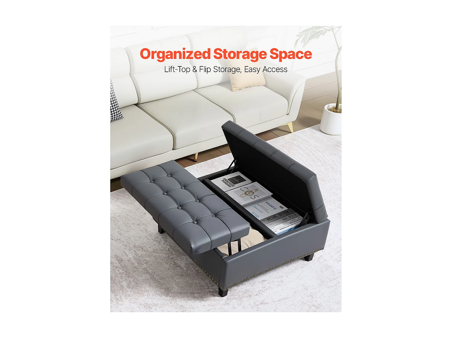 Pouf de Rangement SucceBuy Carré en Cuir, Table Basse Capitonnée et Rembourrée avec Plateau Relevable et Rabattable, Ottomane de Rangement pour Salon