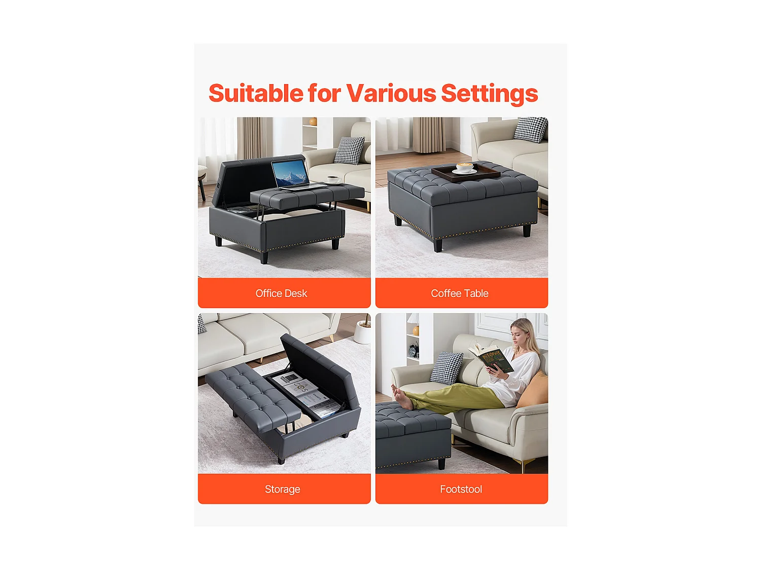 Pouf de Rangement SucceBuy Carré en Cuir, Table Basse Capitonnée et Rembourrée avec Plateau Relevable et Rabattable, Ottomane de Rangement pour Salon