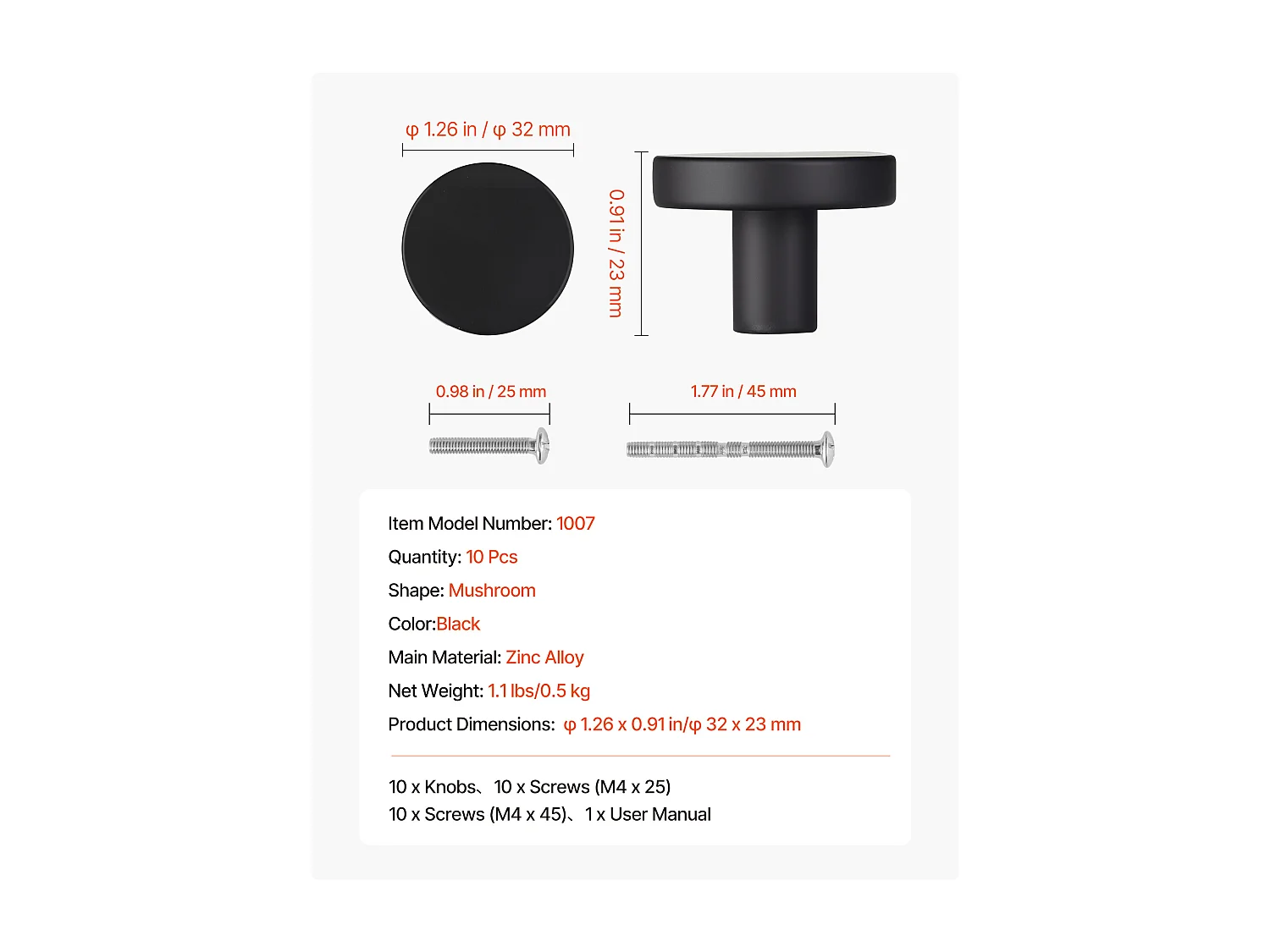 Meubelknoop SucceBuy, Set van 10, Kastknop, 3,2 cm, in Zinklegering, Paddenstoelvorm, met Schroeven, Knop voor Lades, Deuren, Commodes, Zwart