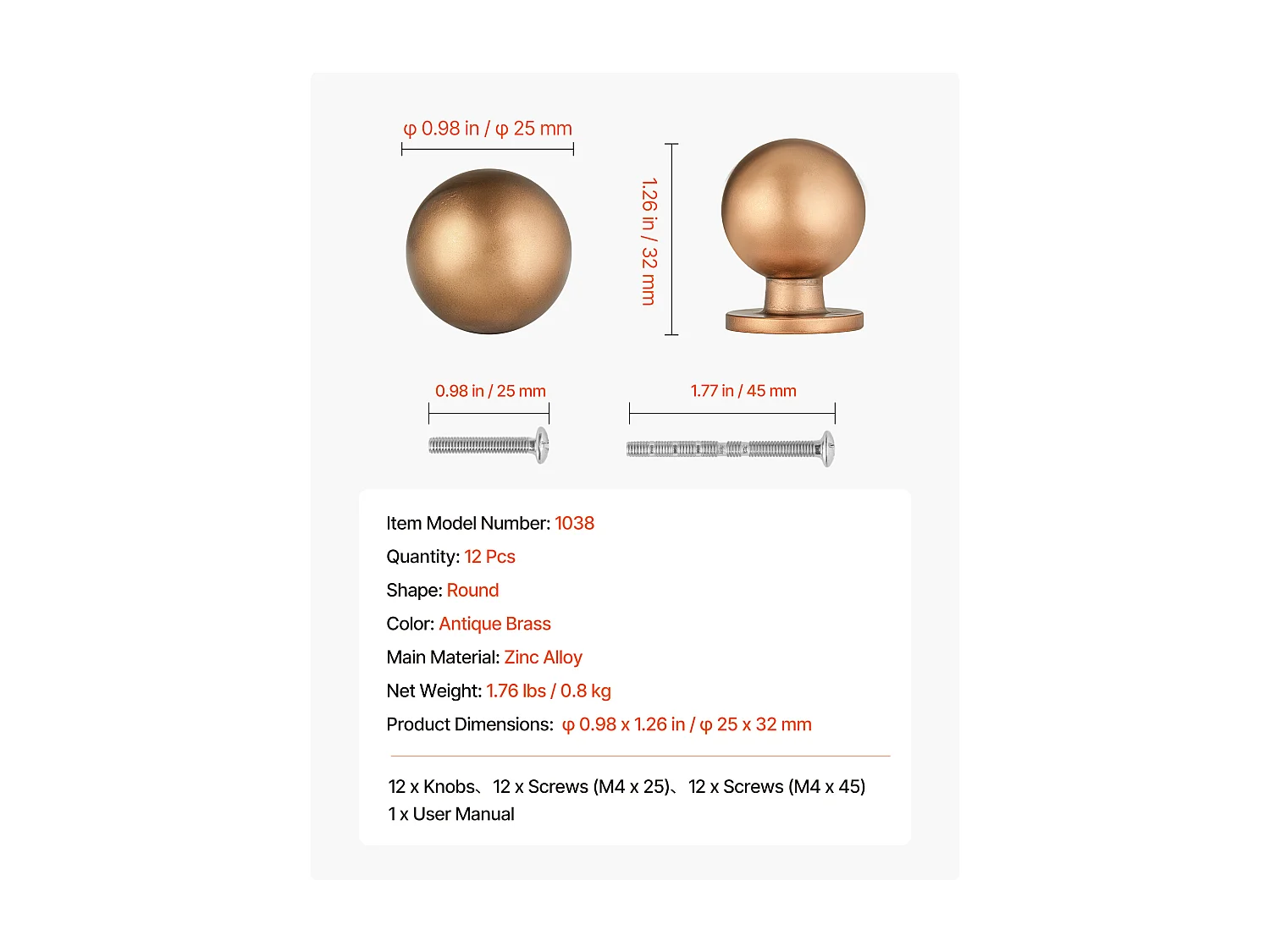 Bouton de Meuble SucceBuy, Lot de 12, Poignée de Placard, 2,5 cm, Alliage de Zinc, Forme Ronde, avec Vis, Bouton pour Tiroirs, Portes, Commodes, Armoires