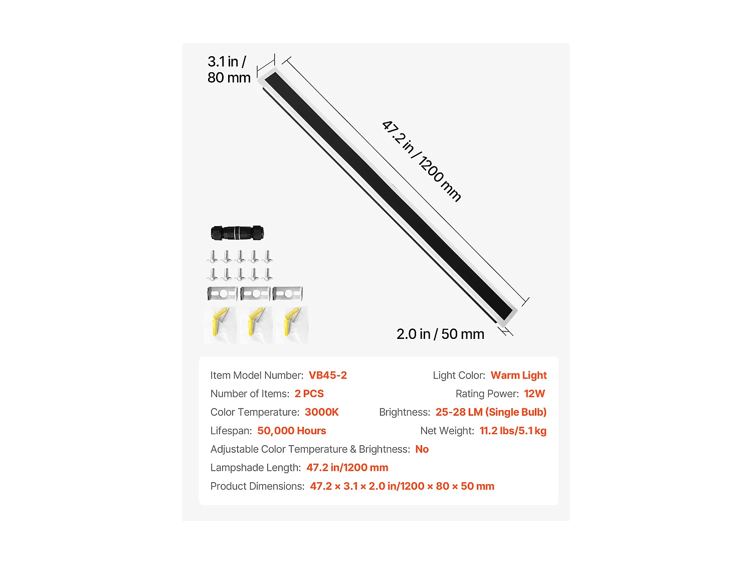Applique a Parete SucceBuy Esterno, 12 W, Illuminazione Esterna a Parete, Lotto di 2, Applique a Parete Moderne LED, 1,2 m, Bianco Caldo 3000 K, Impermeabile IP65