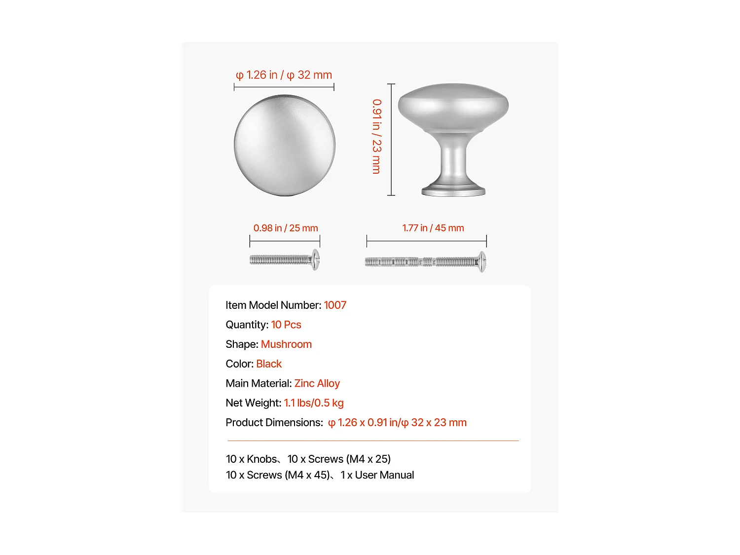 Meubelknoop SucceBuy, Set van 25, Kastknop, 2,8 cm, in Zinklegering, Paddenstoelvorm, met Schroeven, Knop voor Lades, Deuren, Commodes