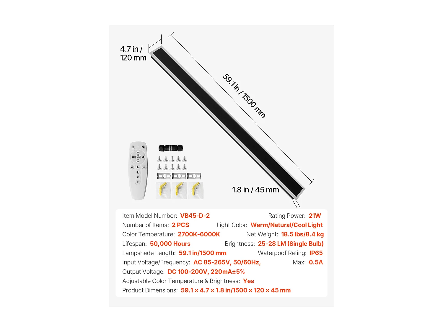 Wandlamp SucceBuy Buiten, 27 W, Buitenwandverlichting, Set van 2, Moderne Wandlampen LED 1,5 m, Instelbaar 2700 K-6000 K, Waterdicht IP65