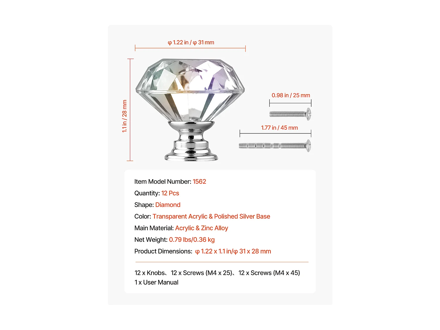 Meubelknoop SucceBuy, Set van 12, Kastknop, 3 cm, Acryl en Zinklegering, Diamantvorm, met Schroeven, Knop voor Lades, Deuren, Commodes