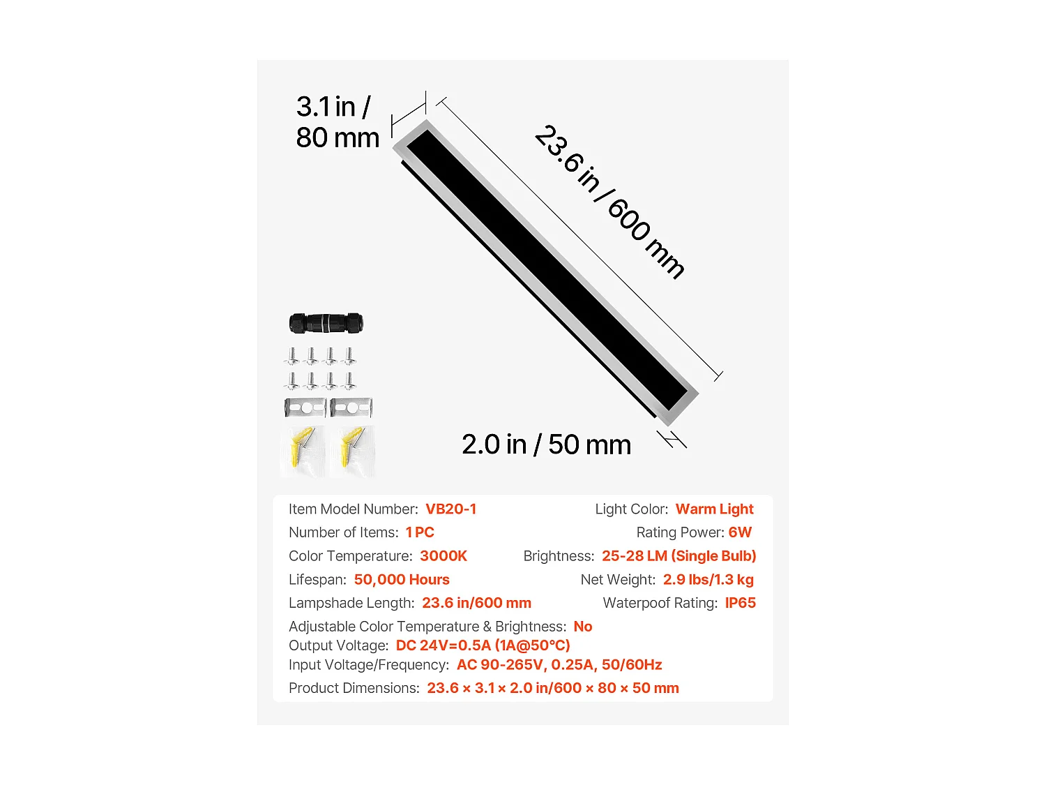 Applique a Parete SucceBuy da Esterno, 6 W, Illuminazione Esterna a Parete, Banda Luminosa Lunga Moderna LED, 60 cm, Bianco Caldo 3000 K, Tenuta Stagna IP65