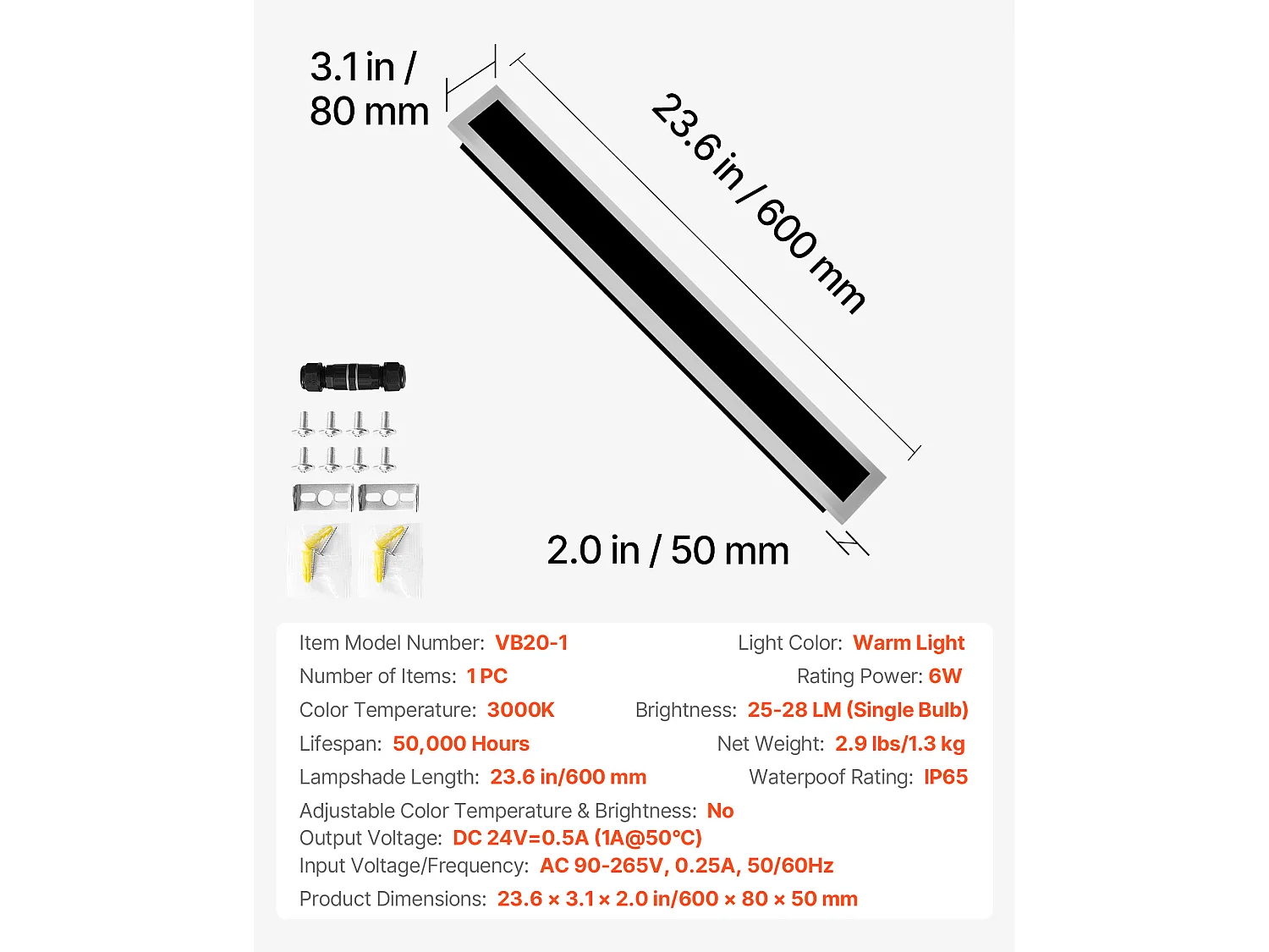 Applique a Parete SucceBuy da Esterno, 6 W, Illuminazione Esterna a Parete, Banda Luminosa Lunga Moderna LED, 60 cm, Bianco Caldo 3000 K, Tenuta Stagna IP65