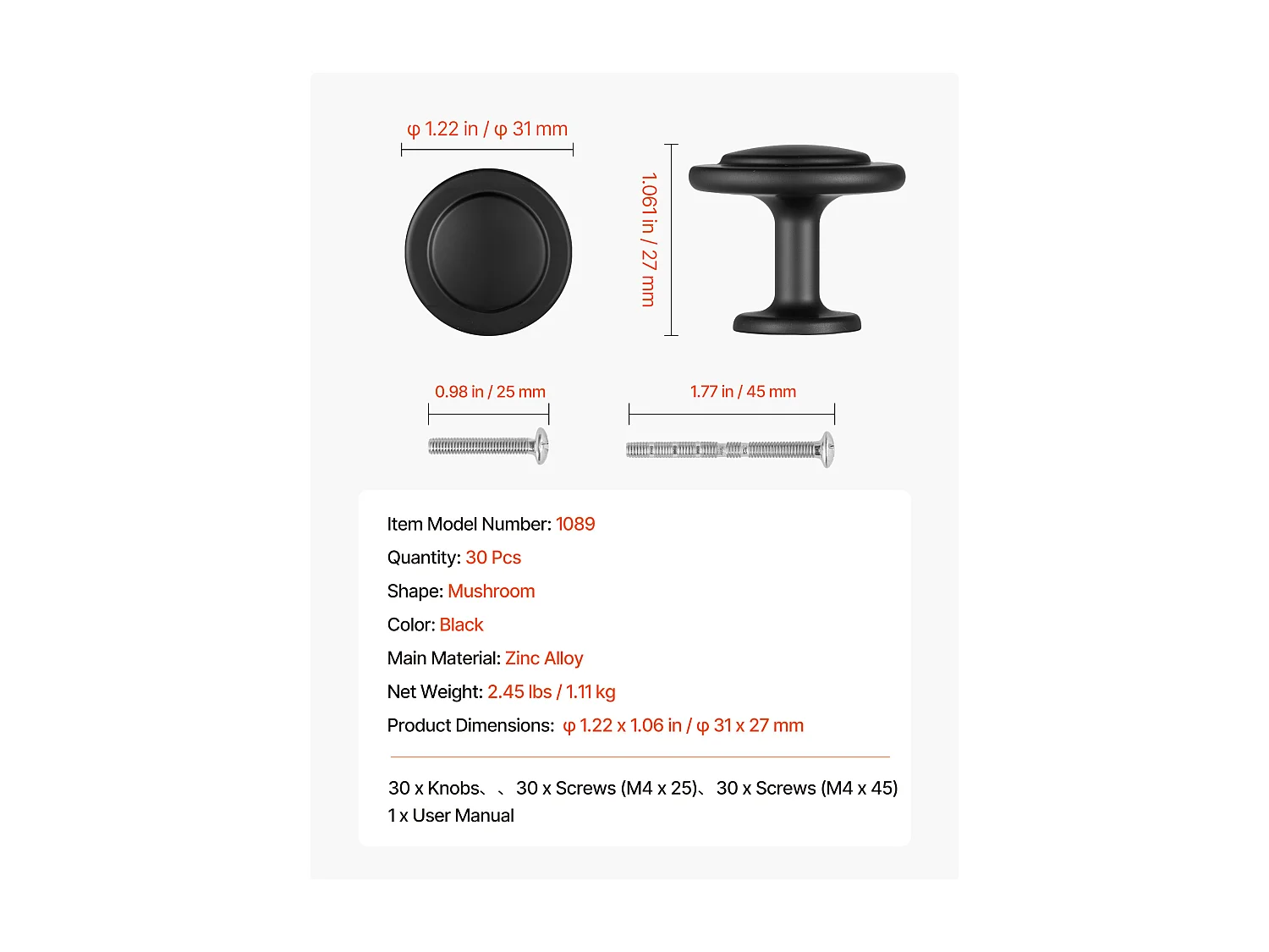 Meubelknoop SucceBuy, Set van 30, Kastknop, 3 cm, in Zinklegering, in Paddenstoelvorm, met Schroeven, Knop voor Lades, Deuren, Commodes