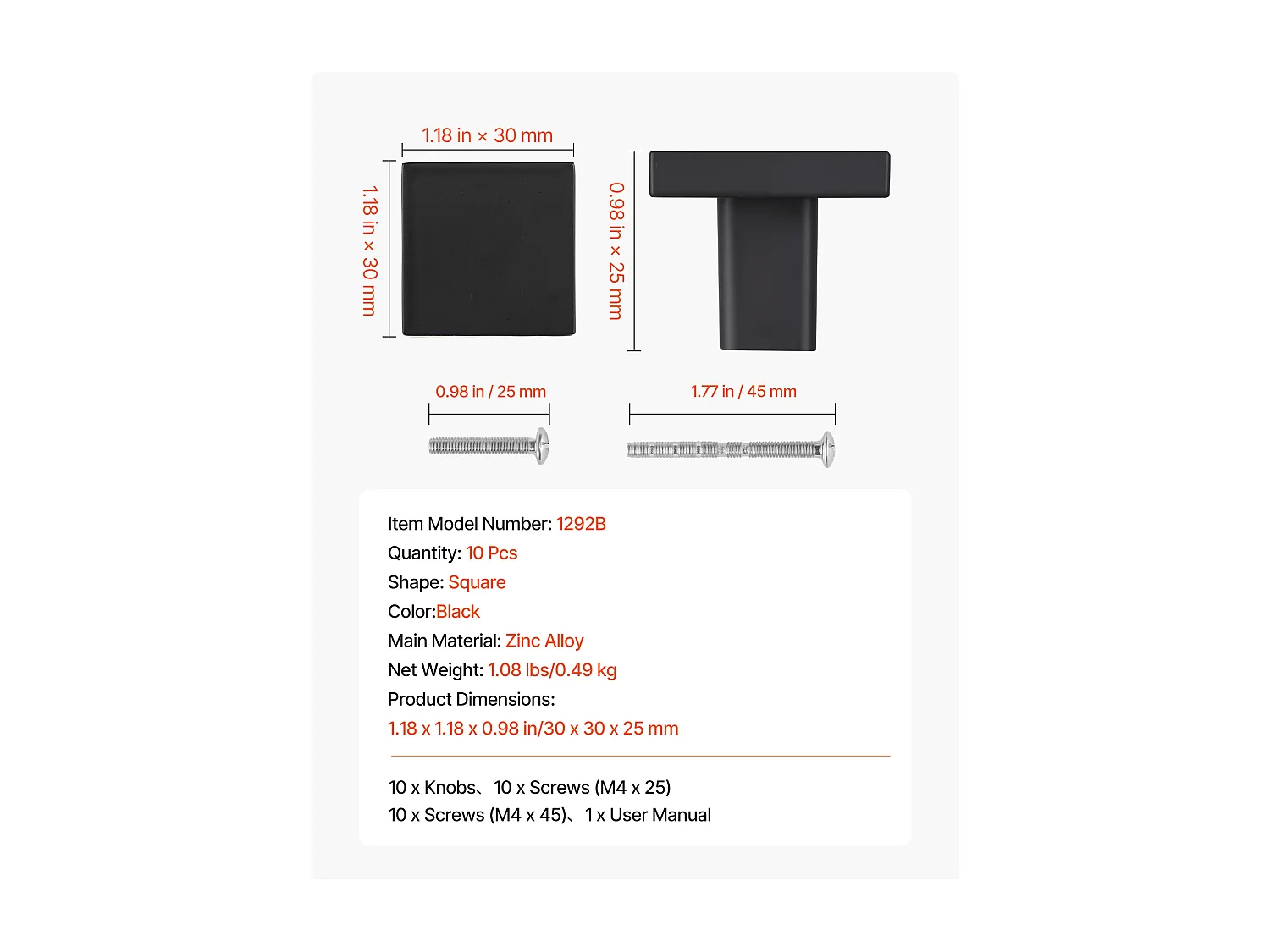 Meubelknoop SucceBuy, Set van 10, Kastknop, 3 cm, Zinklegering, Vierkante Vorm, met Schroeven, Knop voor Lades, Deuren, Commodes, Kasten, Zwart
