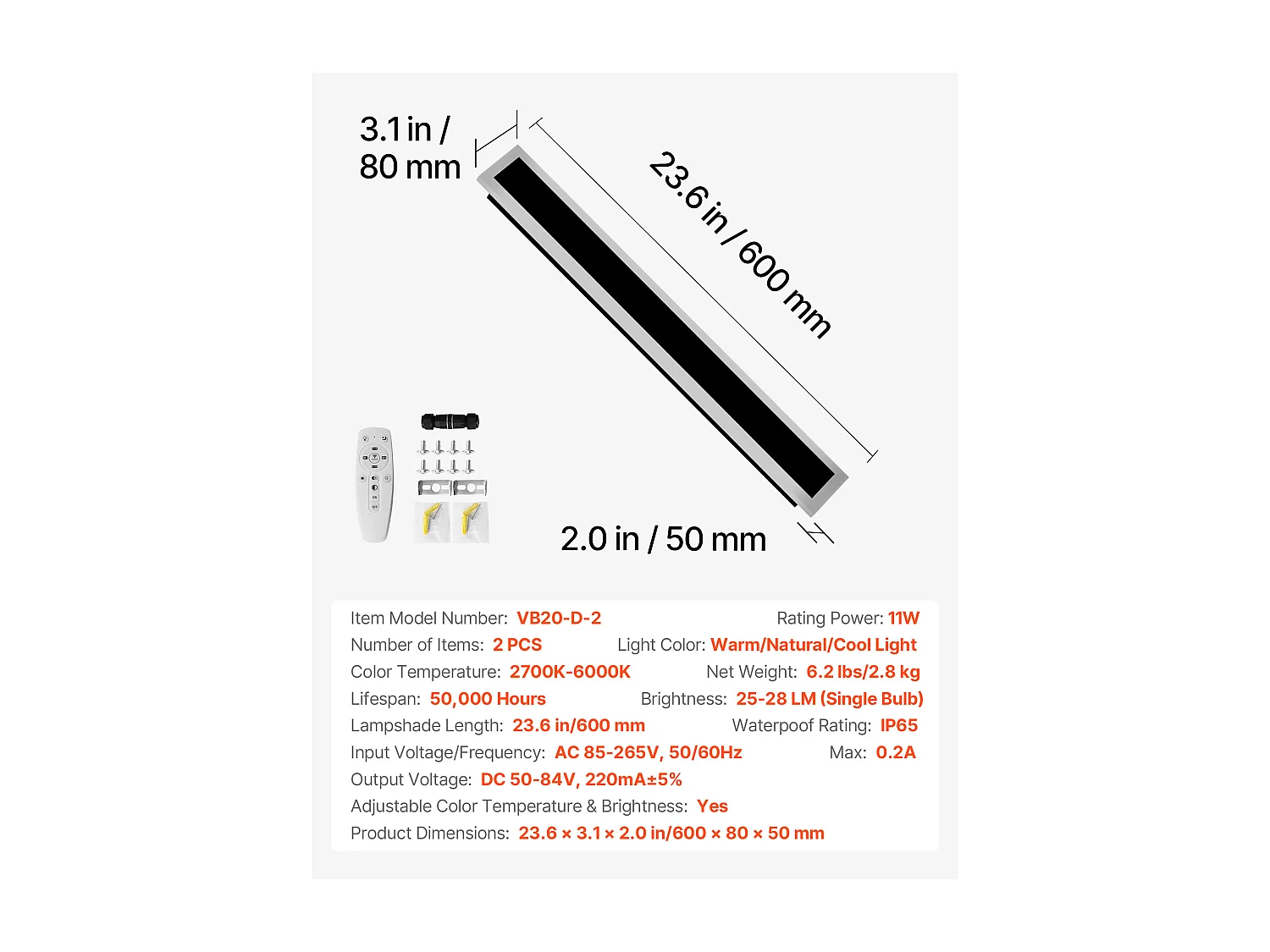 Applique a Parete SucceBuy Esterno, 11 W, Illuminazione Esterna a Parete, Lotto di 2, Applique a Parete Moderne LED 60 cm, Regolabile 2700 K-6000 K