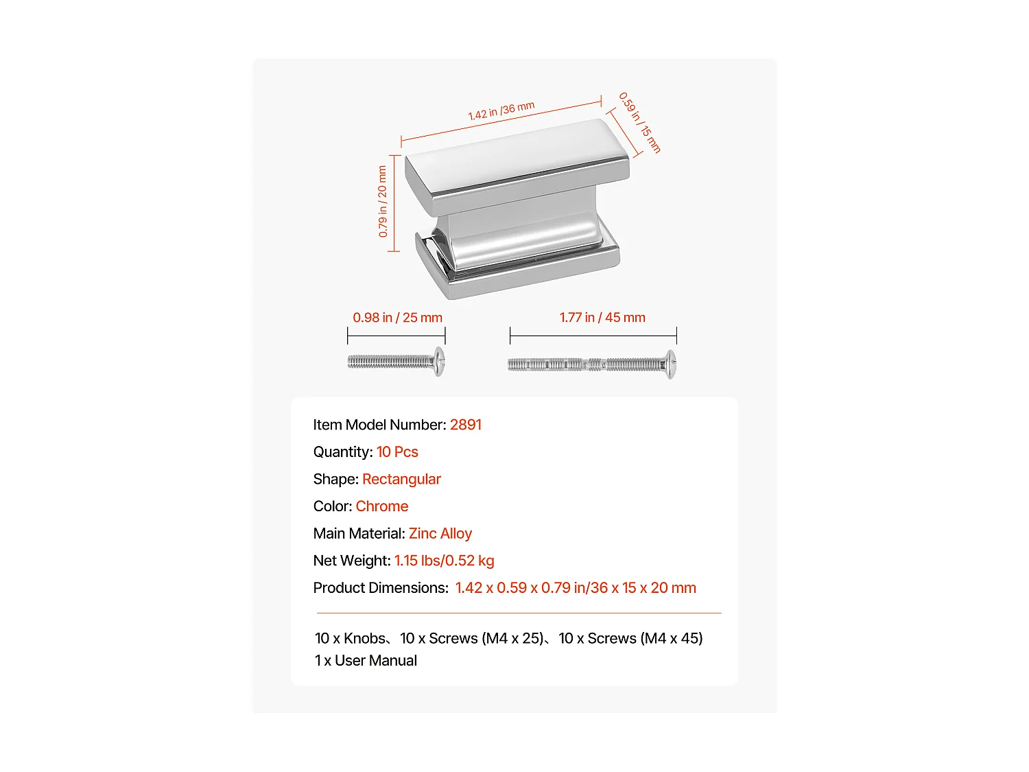 Meubelknoop SucceBuy, Set van 10, Kastknop, 3,6 cm, in Zinklegering, Rechthoekig, met Schroeven, Knop voor Lades, Deuren, Commodes