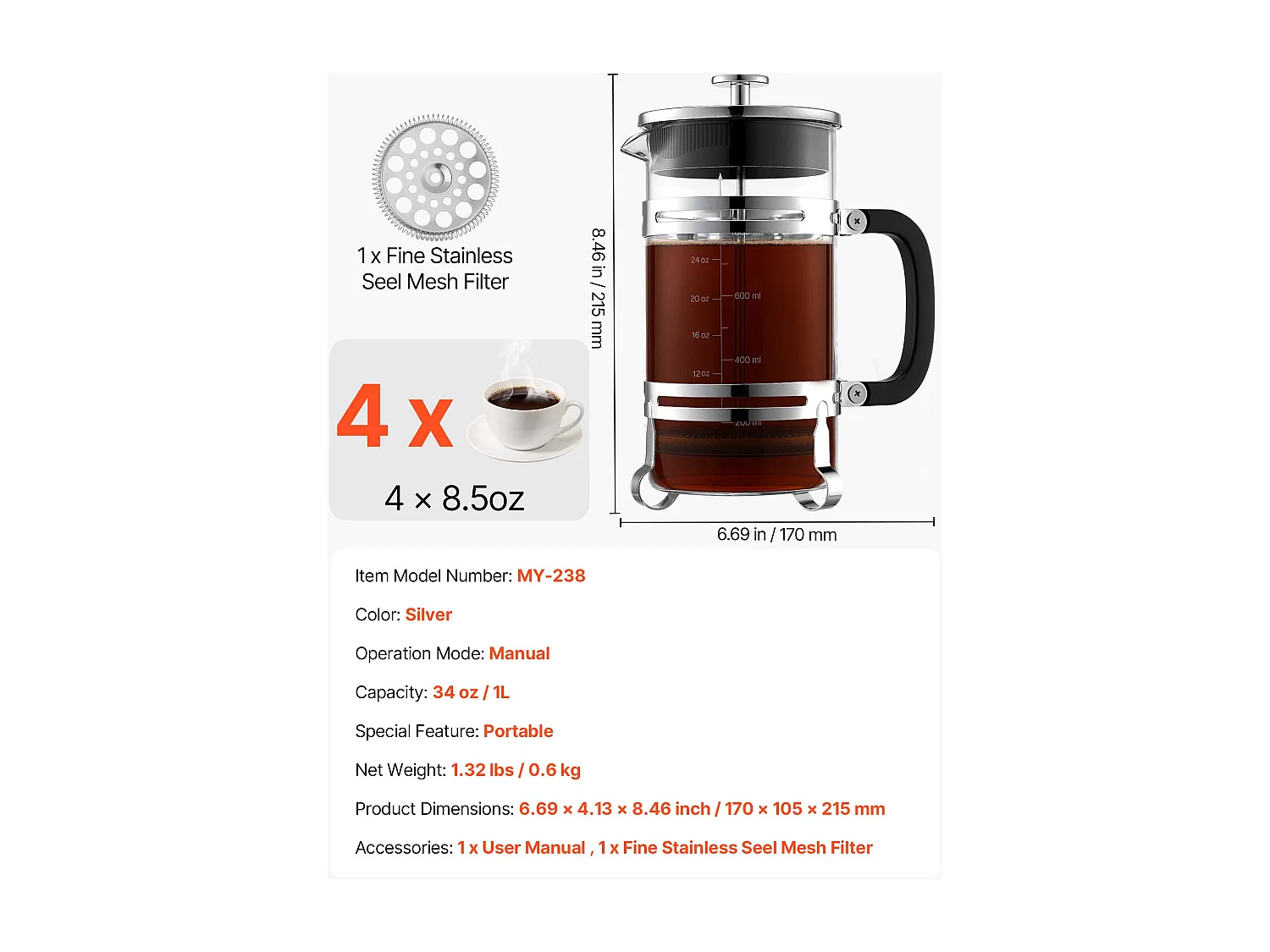 Cafetière à Piston SucceBuy en Verre Borosilicaté Capacité 1 L, Presse à Café avec Filtre en Acier Inoxydable, Grande Théière à Piston, Infusion à Froid