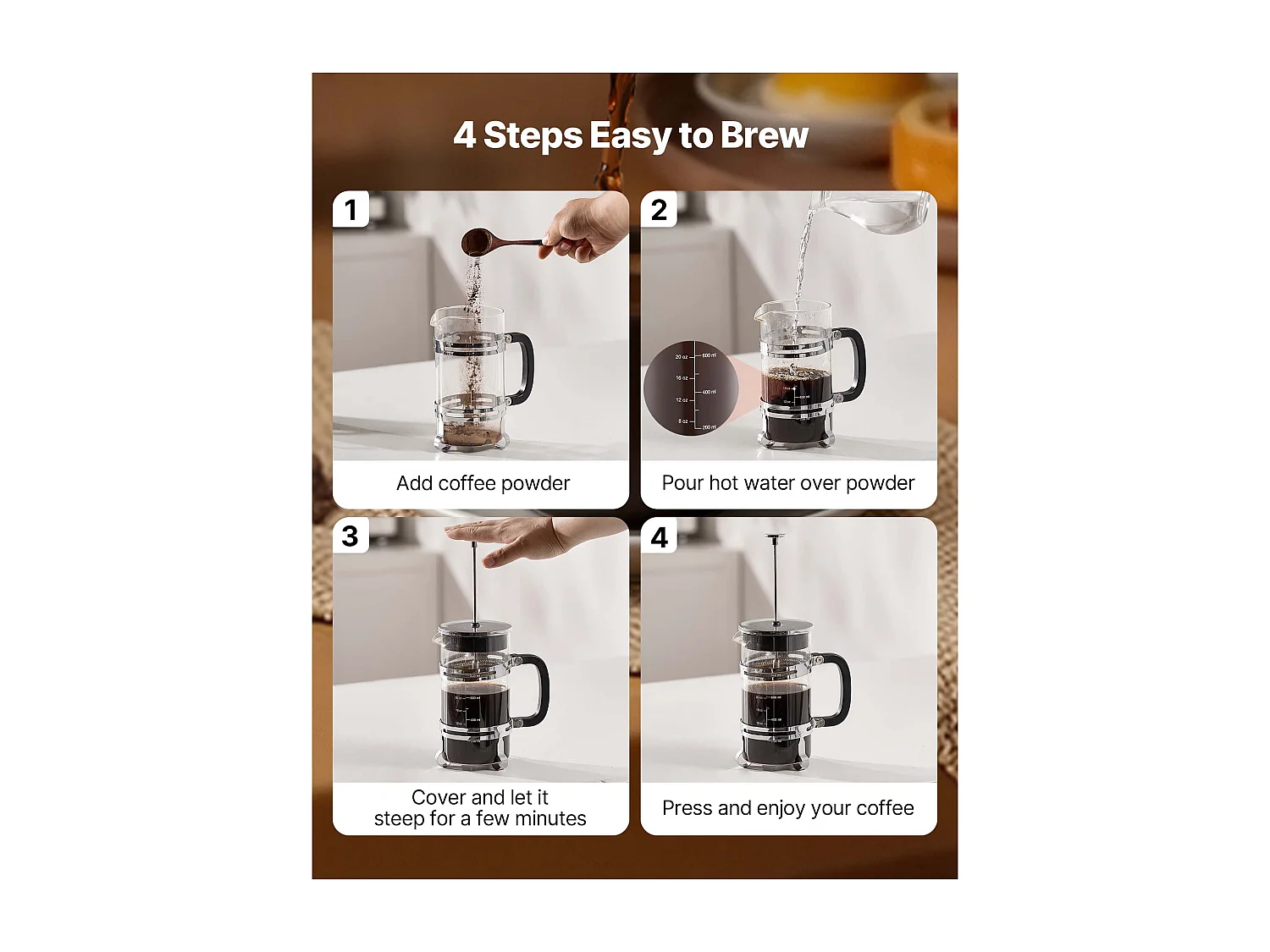 Cafetière à Piston SucceBuy en Verre Borosilicaté Capacité 1 L, Presse à Café avec Filtre en Acier Inoxydable, Grande Théière à Piston, Infusion à Froid