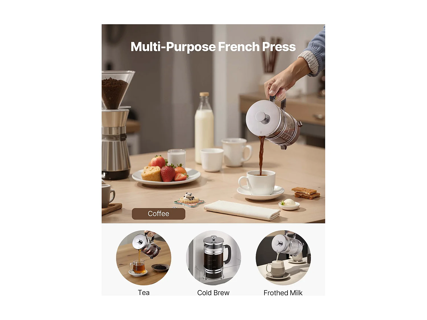 Cafetière à Piston SucceBuy en Verre Borosilicaté Capacité 1 L, Presse à Café avec Filtre en Acier Inoxydable, Grande Théière à Piston, Infusion à Froid