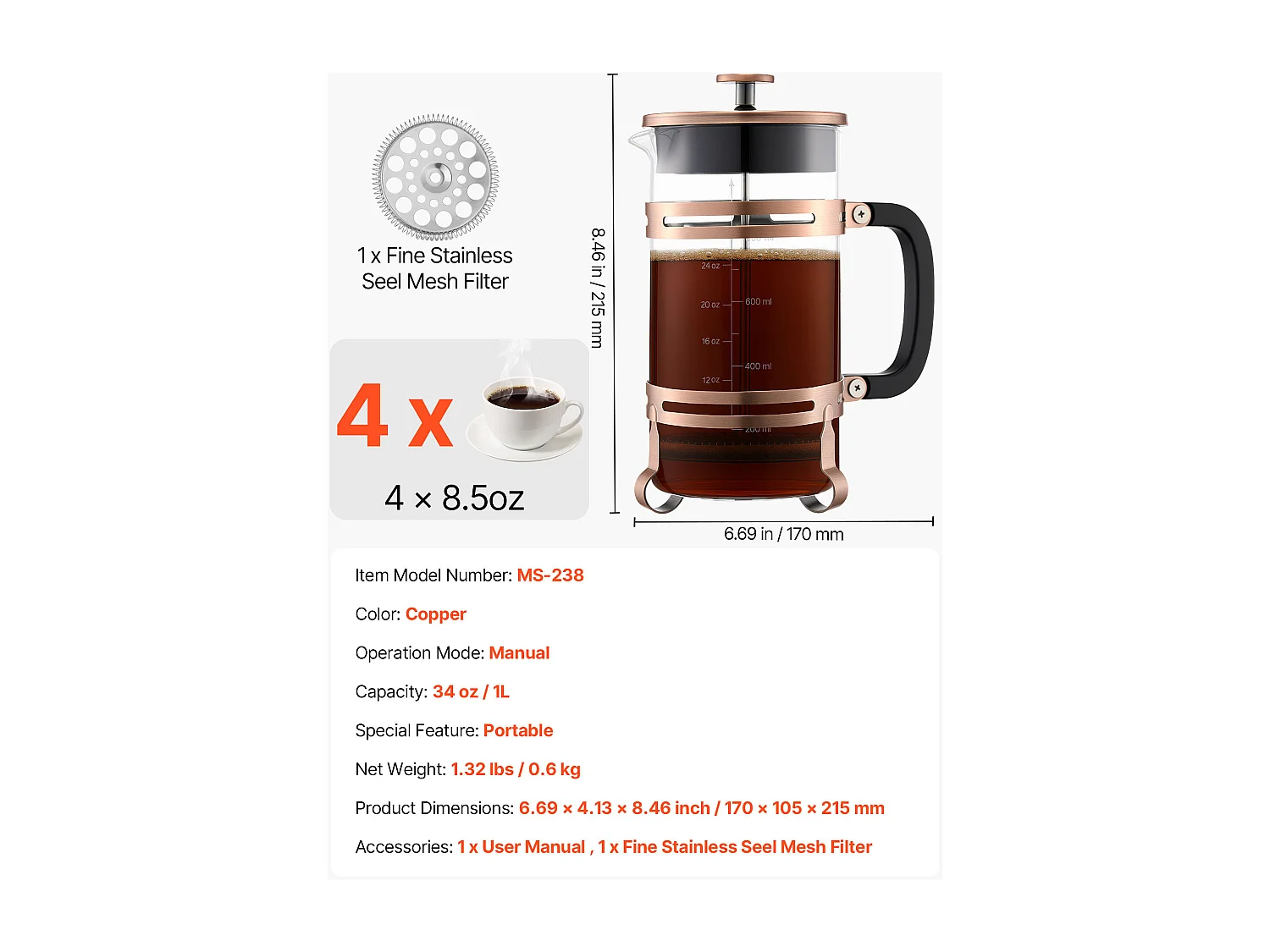 Cafetière à Piston SucceBuy en Verre Borosilicaté Capacité 1 L, Presse à Café avec Filtre en Acier Inoxydable, Grande Théière à Piston, Infusion à Froid