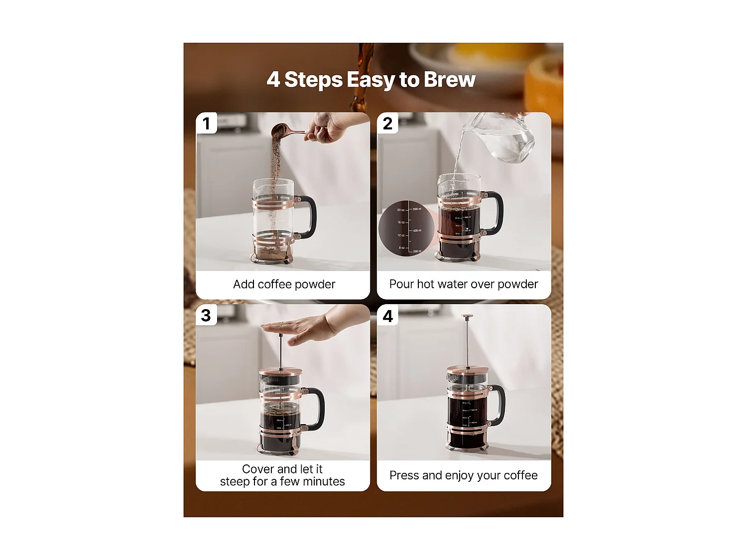 Cafetière à Piston SucceBuy en Verre Borosilicaté Capacité 1 L, Presse à Café avec Filtre en Acier Inoxydable, Grande Théière à Piston, Infusion à Froid