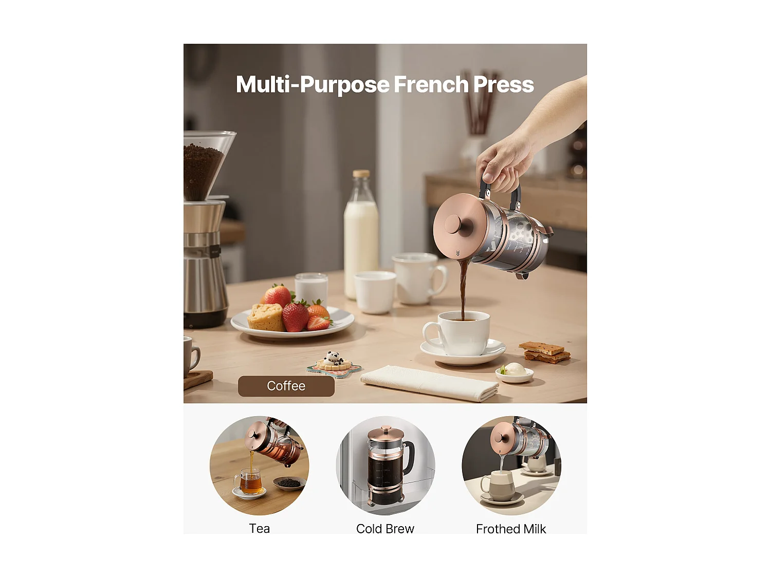 Cafetière à Piston SucceBuy en Verre Borosilicaté Capacité 1 L, Presse à Café avec Filtre en Acier Inoxydable, Grande Théière à Piston, Infusion à Froid