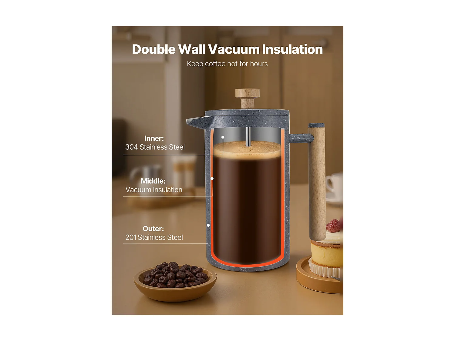 Cafetière à Piston SucceBuy Capacité de 1 L, Presse à Café en Acier Inoxydable avec Filtre, Grande Théière à Piston à Double Paroi Isolée, Infusion à Froid