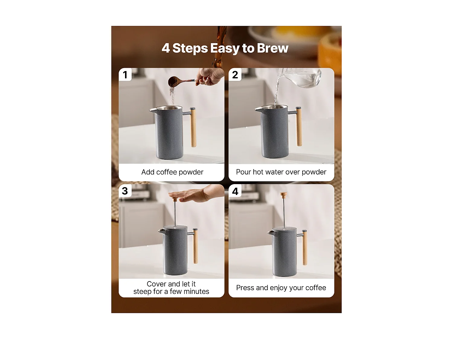 Cafetière à Piston SucceBuy Capacité de 1 L, Presse à Café en Acier Inoxydable avec Filtre, Grande Théière à Piston à Double Paroi Isolée, Infusion à Froid