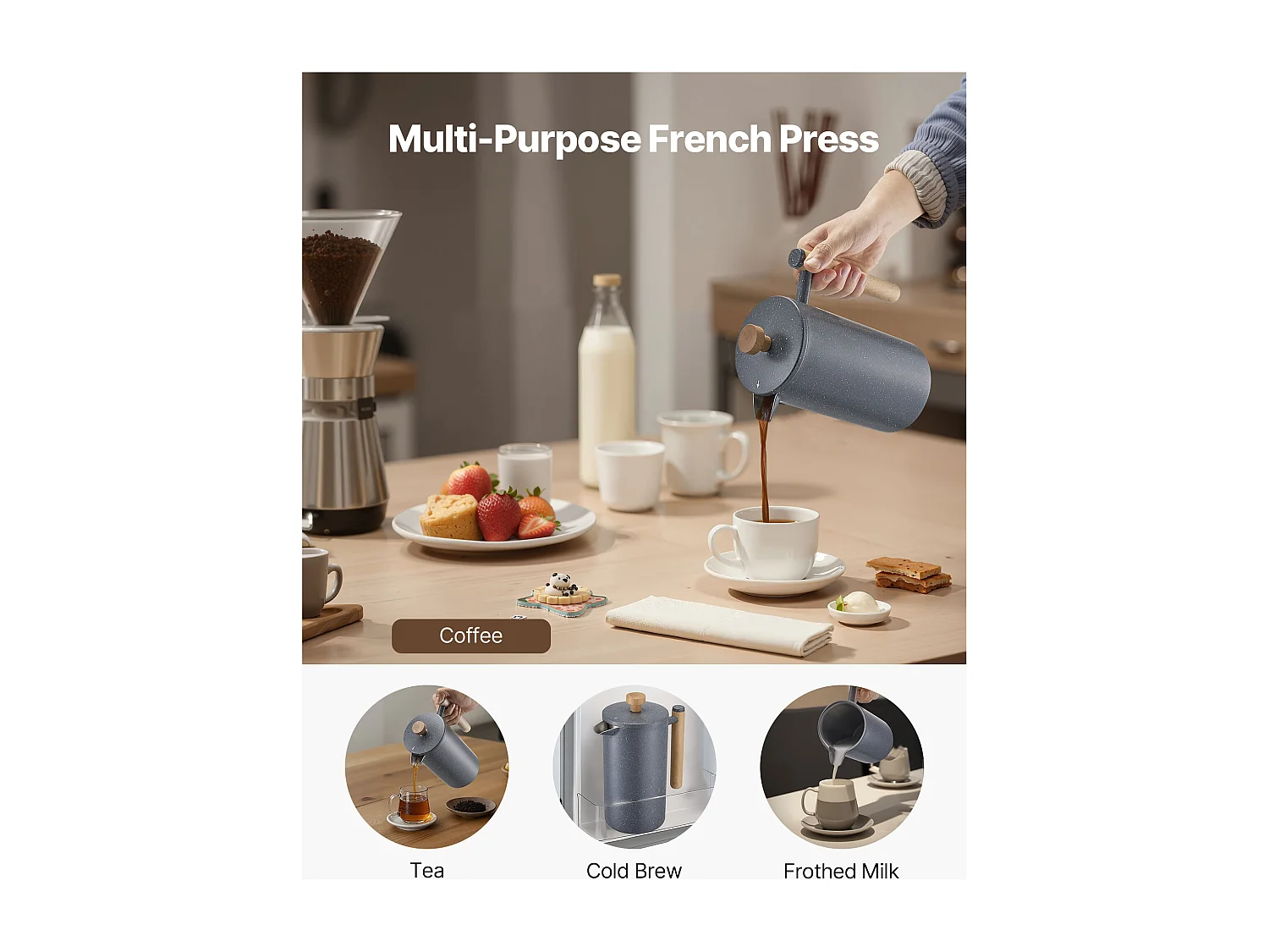 Cafetière à Piston SucceBuy Capacité de 1 L, Presse à Café en Acier Inoxydable avec Filtre, Grande Théière à Piston à Double Paroi Isolée, Infusion à Froid