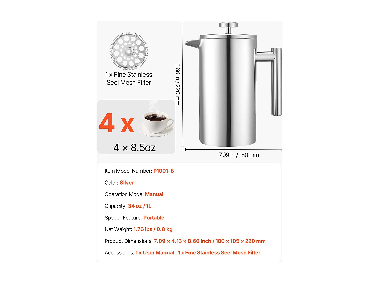 Cafetière à Piston SucceBuy en Acier Inoxydable Capacité 1 L, Presse à Café avec Filtre, Grande Théière à Piston à Double Paroi Isolée, Infusion à Froid