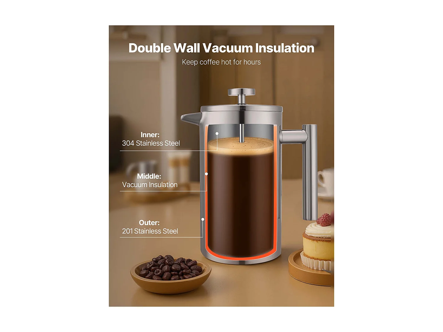 Cafetière à Piston SucceBuy en Acier Inoxydable Capacité 1 L, Presse à Café avec Filtre, Grande Théière à Piston à Double Paroi Isolée, Infusion à Froid