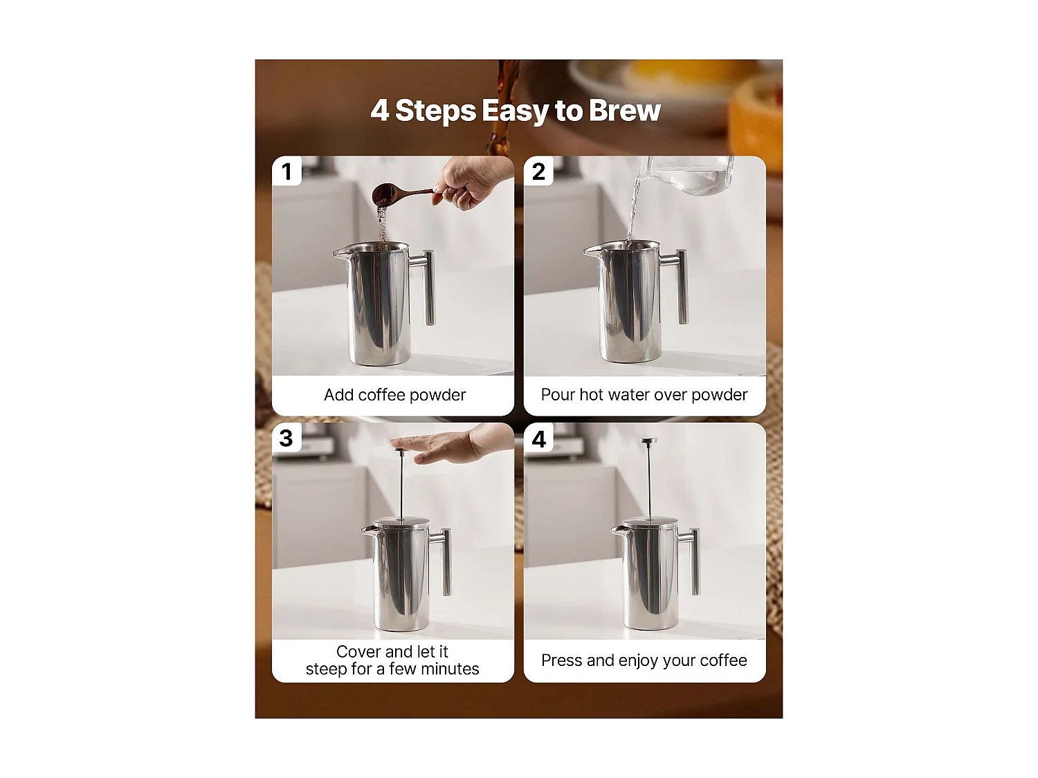 Cafetière à Piston SucceBuy en Acier Inoxydable Capacité 1 L, Presse à Café avec Filtre, Grande Théière à Piston à Double Paroi Isolée, Infusion à Froid