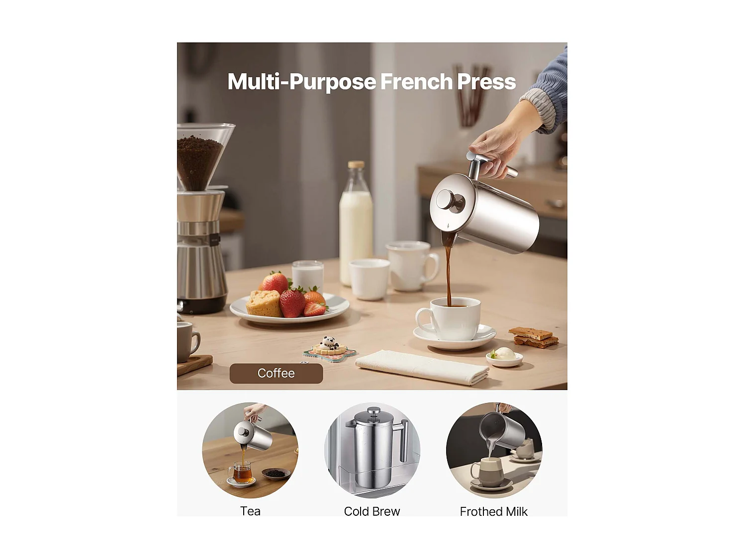 Cafetière à Piston SucceBuy en Acier Inoxydable Capacité 1 L, Presse à Café avec Filtre, Grande Théière à Piston à Double Paroi Isolée, Infusion à Froid