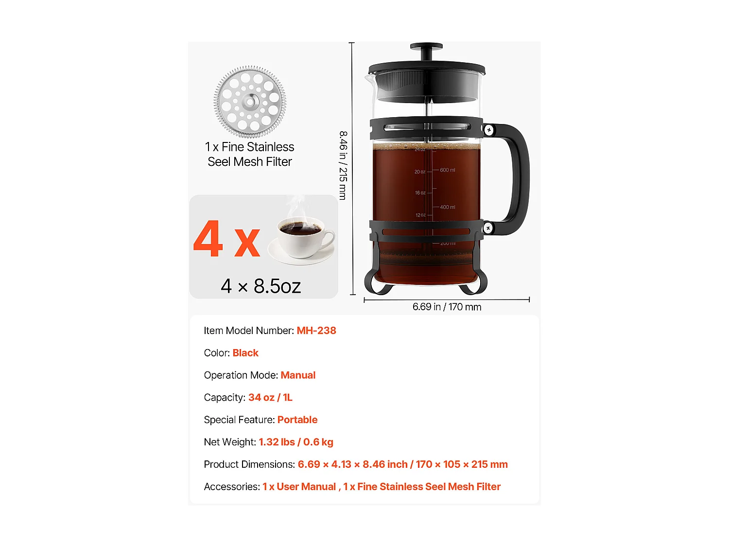 Cafetière à Piston SucceBuy en Verre Borosilicaté Capacité 1 L, Presse à Café avec Filtre en Acier Inoxydable, Grande Théière à Piston, Infusion à Froid