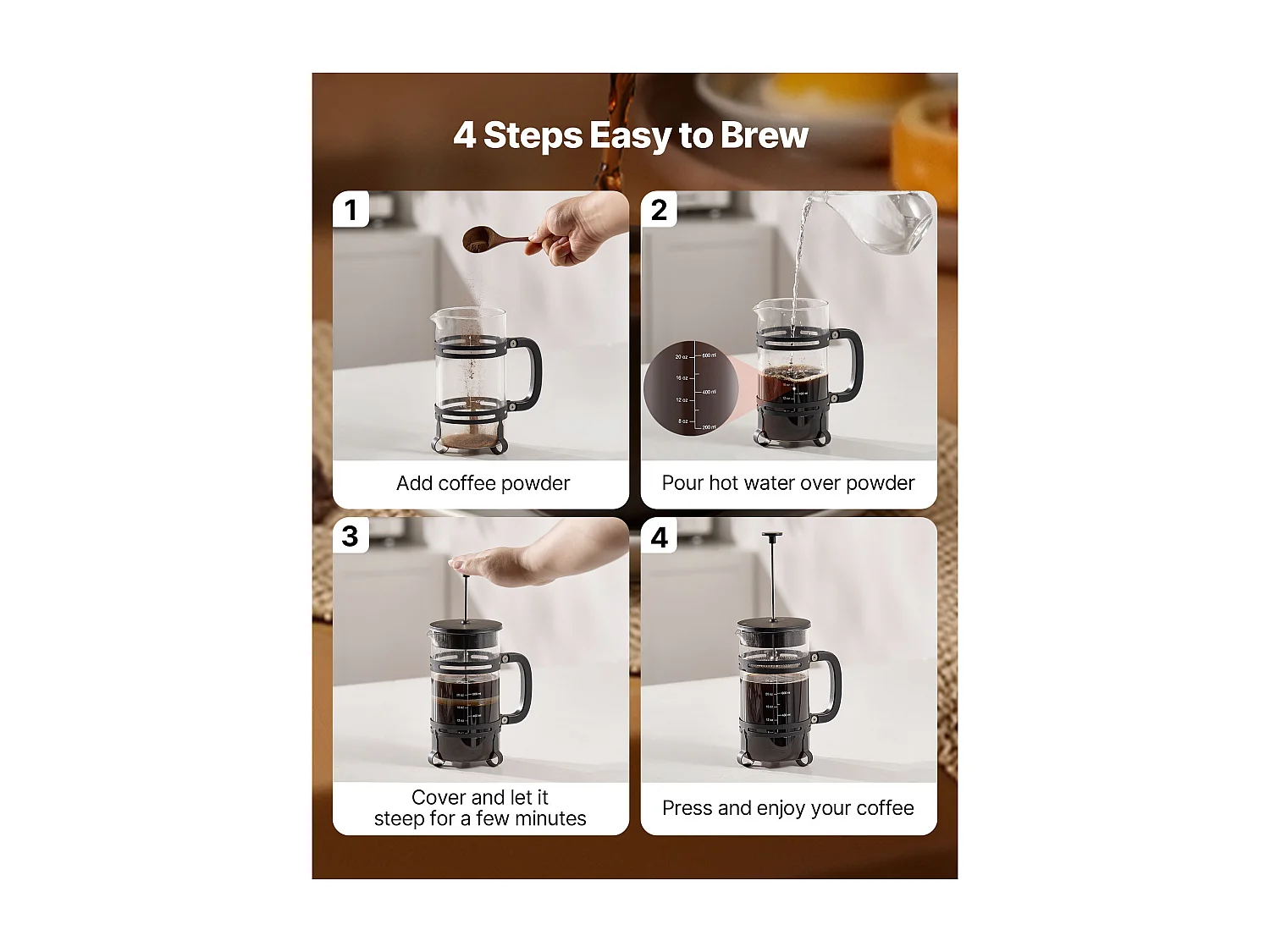 Cafetière à Piston SucceBuy en Verre Borosilicaté Capacité 1 L, Presse à Café avec Filtre en Acier Inoxydable, Grande Théière à Piston, Infusion à Froid