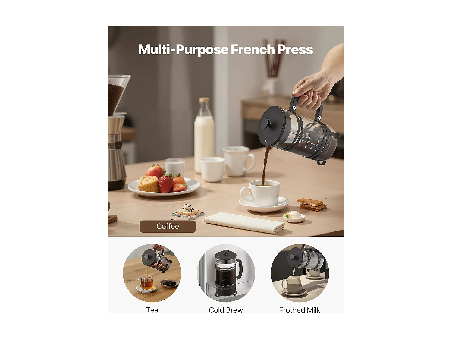 Cafetière à Piston SucceBuy en Verre Borosilicaté Capacité 1 L, Presse à Café avec Filtre en Acier Inoxydable, Grande Théière à Piston, Infusion à Froid