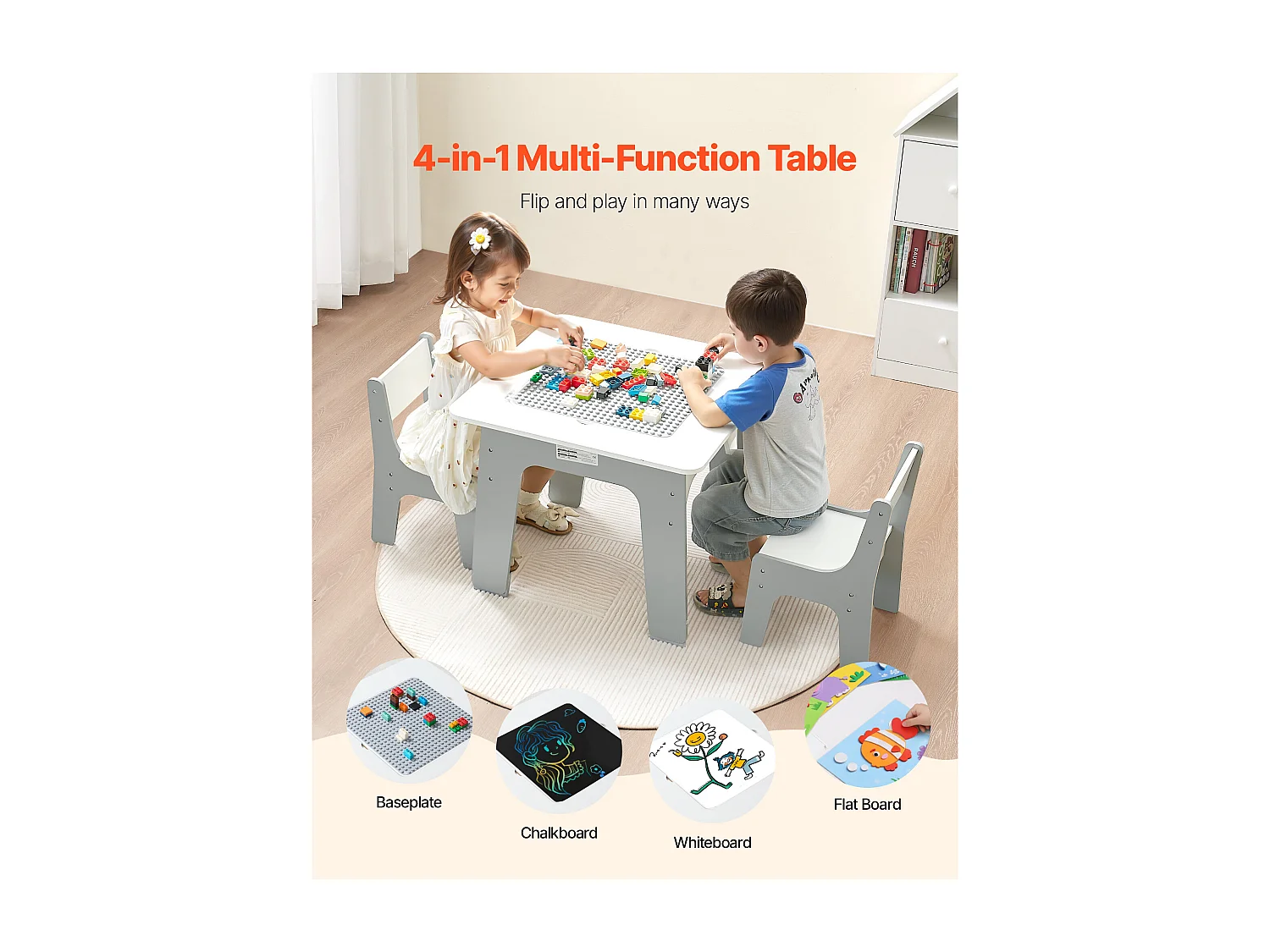 Mesa de Atividades SucceBuy para Crianças com 2 Cadeiras, Mesa de Brincar Multifuncional 4 em 1, com Tampo Dupla Face de Blocos de Construção