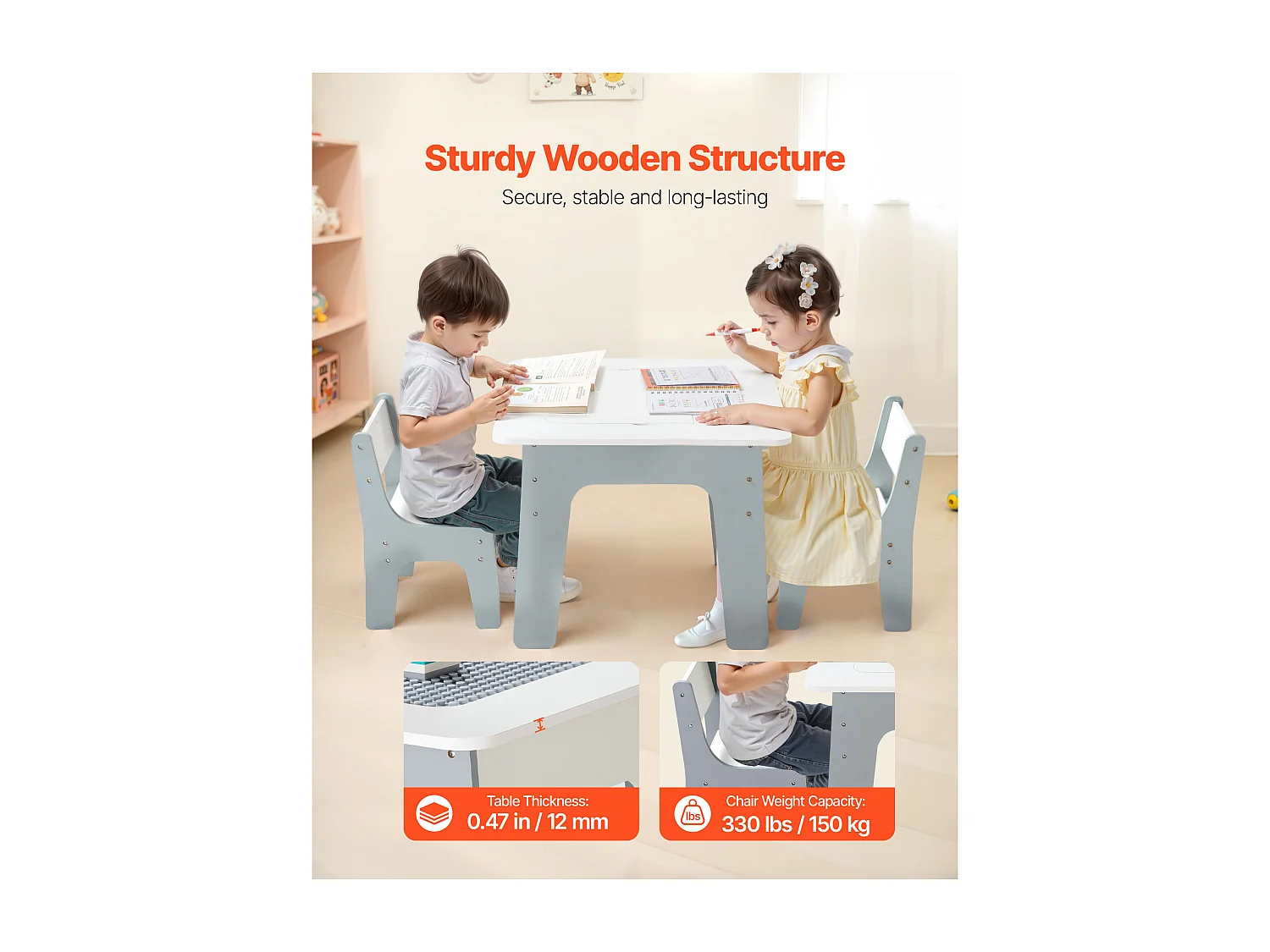 Mesa de Atividades SucceBuy para Crianças com 2 Cadeiras, Mesa de Brincar Multifuncional 4 em 1, com Tampo Dupla Face de Blocos de Construção