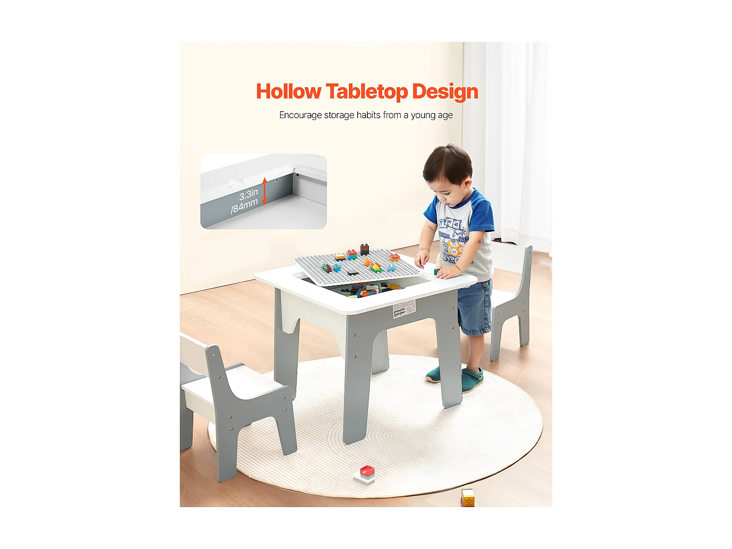 Mesa de Atividades SucceBuy para Crianças com 2 Cadeiras, Mesa de Brincar Multifuncional 4 em 1, com Tampo Dupla Face de Blocos de Construção