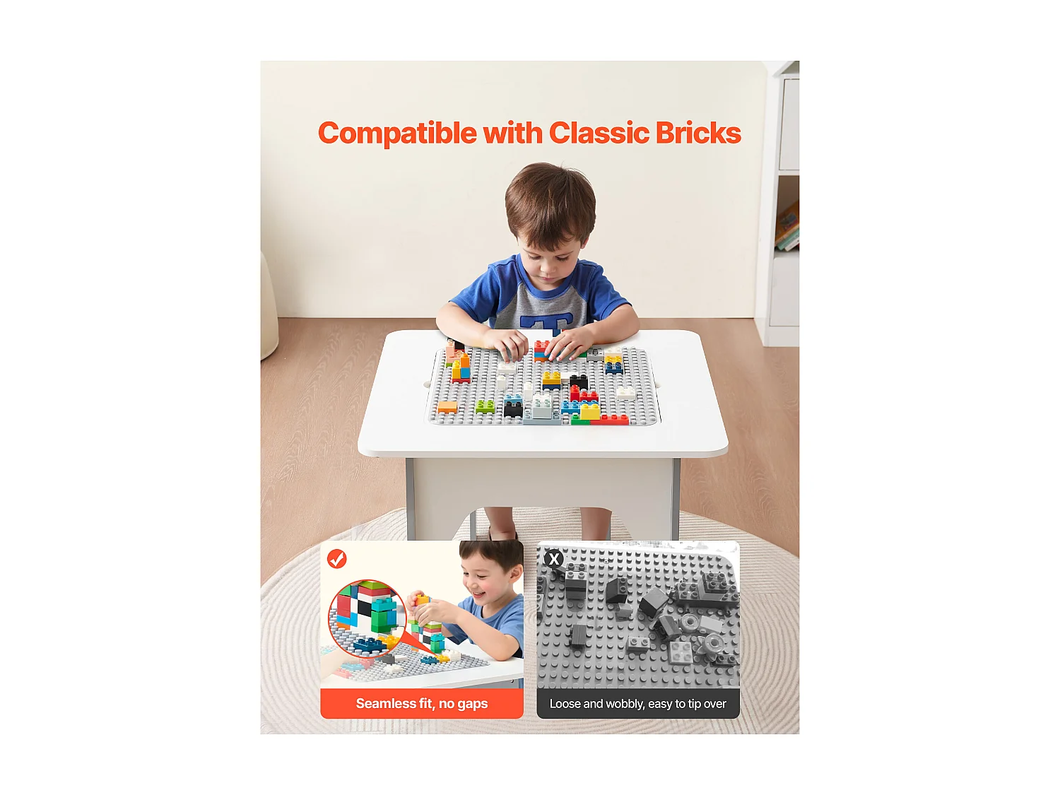 Mesa de Atividades SucceBuy para Crianças com 2 Cadeiras, Mesa de Brincar Multifuncional 4 em 1, com Tampo Dupla Face de Blocos de Construção