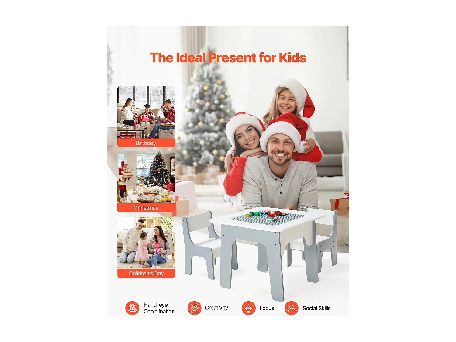 Mesa de Atividades SucceBuy para Crianças com 2 Cadeiras, Mesa de Brincar Multifuncional 4 em 1, com Tampo Dupla Face de Blocos de Construção