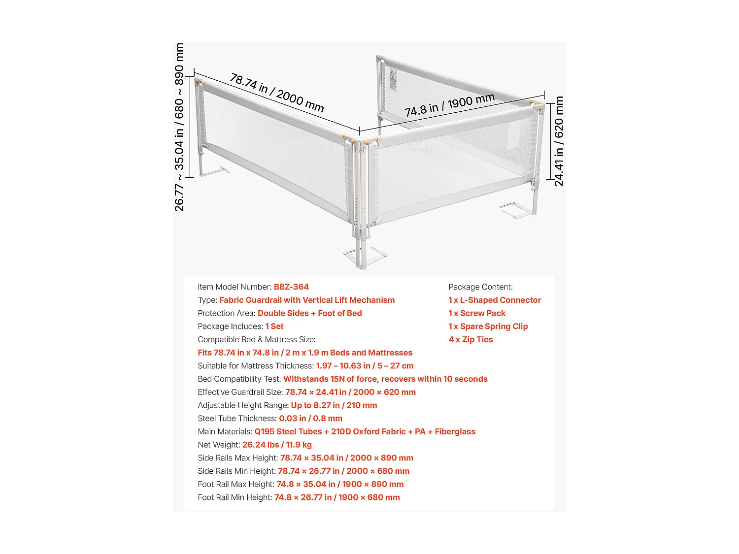 Barrière de Sécurité SucceBuy Lit pour Enfants, 3 Côtés, Barrière de Lit pour Tout-petits, Tube Fer Renforcé, Tissu Oxford, Hauteur Réglable 68-89 cm