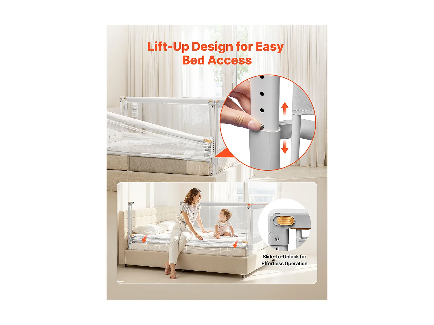 Barrière de Sécurité SucceBuy Lit pour Enfants, 3 Côtés, Barrière de Lit pour Tout-petits, Tube Fer Renforcé, Tissu Oxford, Hauteur Réglable 68-89 cm