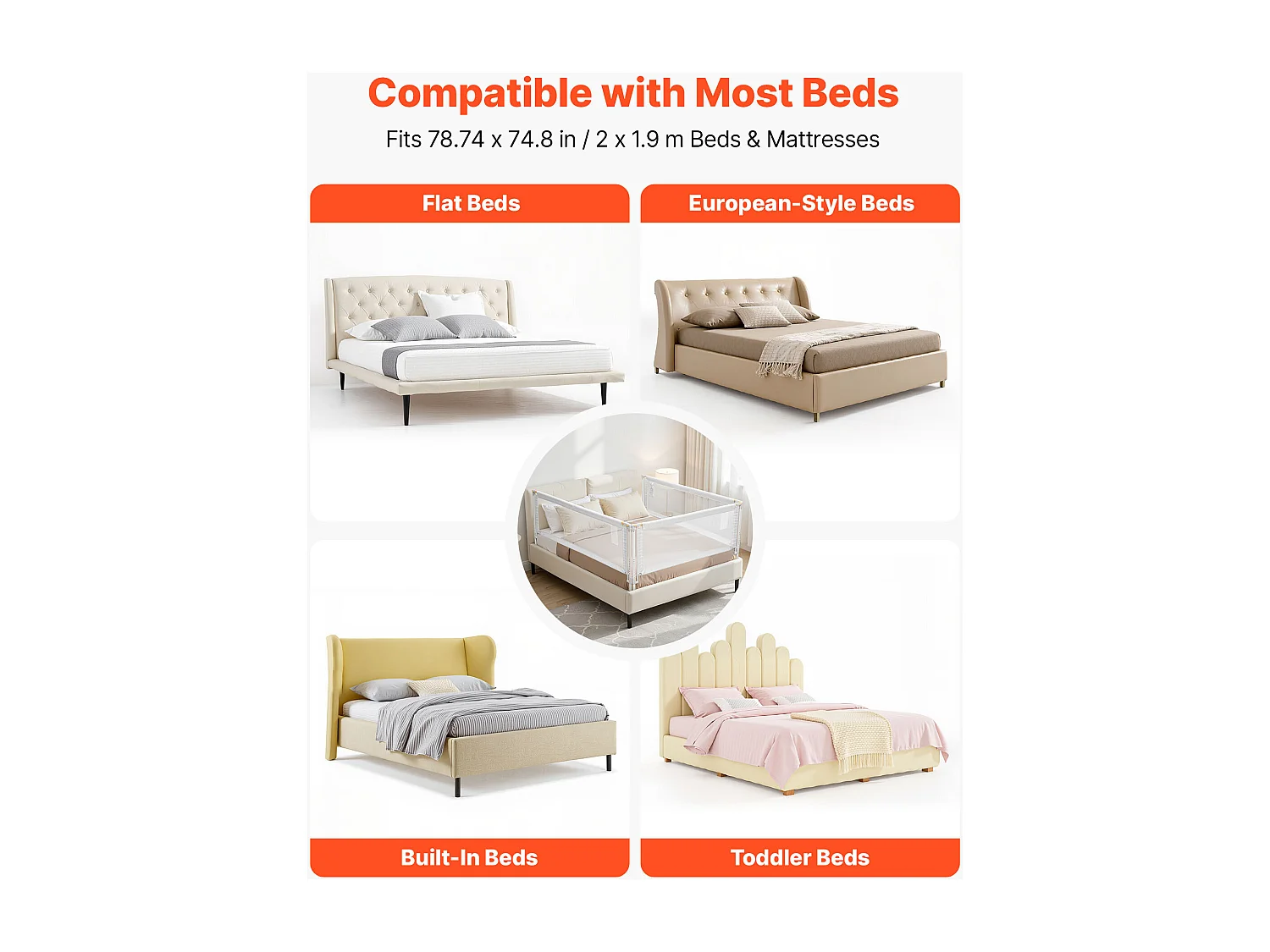 Barrière de Sécurité SucceBuy Lit pour Enfants, 3 Côtés, Barrière de Lit pour Tout-petits, Tube Fer Renforcé, Tissu Oxford, Hauteur Réglable 68-89 cm