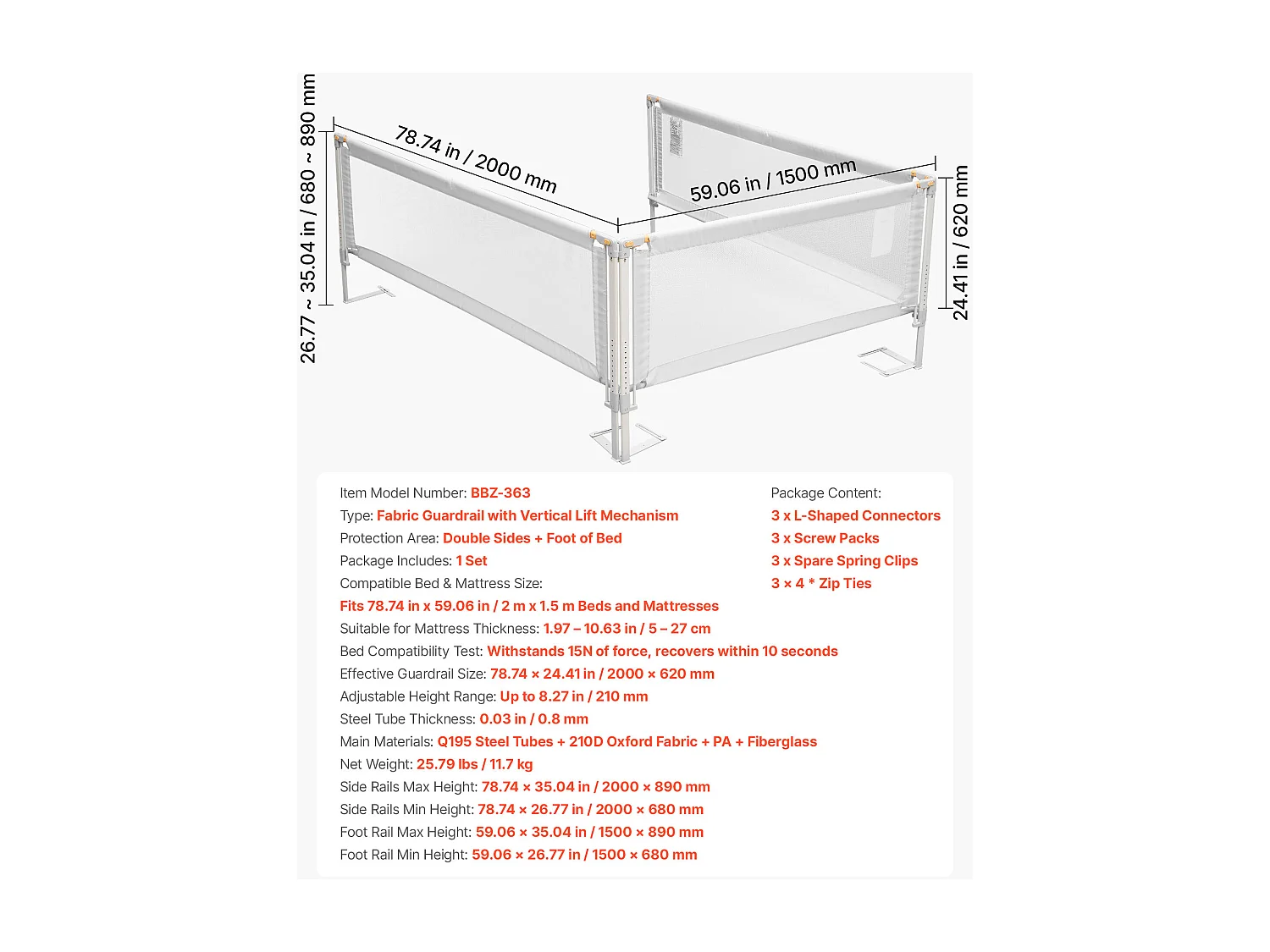 Barrière de Sécurité SucceBuy Lit pour Enfants, 3 Côtés, Barrière de Lit pour Tout-petits, Tube Fer Renforcé, Tissu Oxford, Hauteur Réglable 68-89 cm