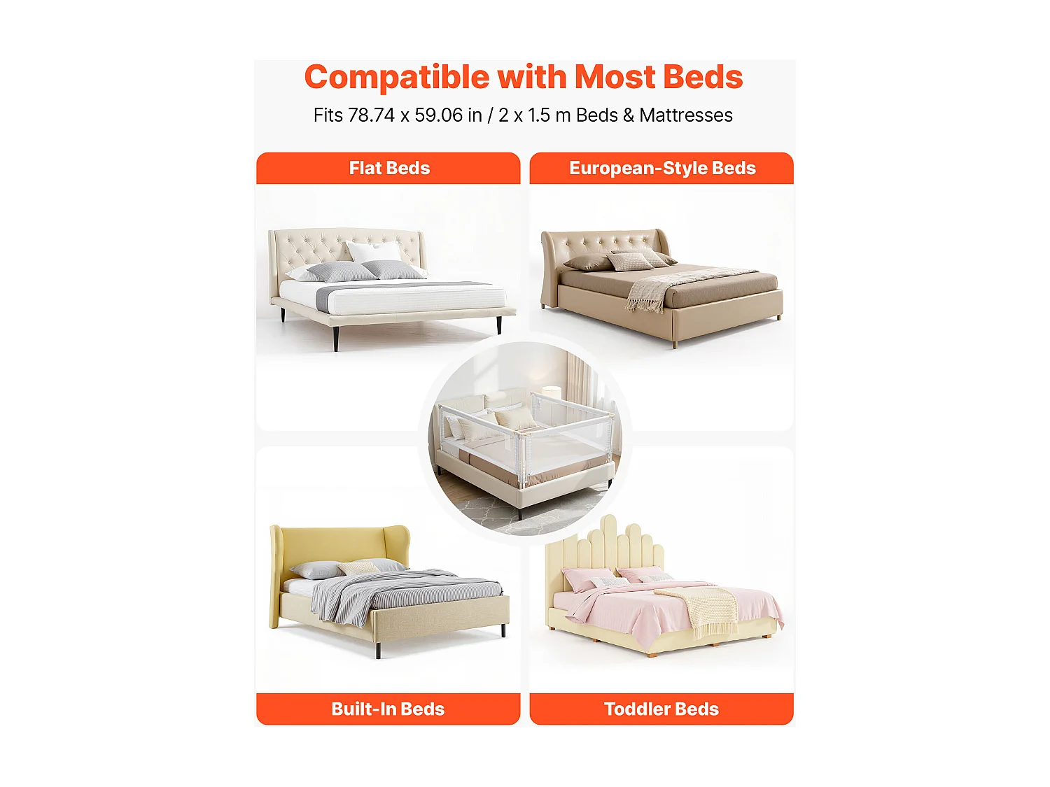 Barrière de Sécurité SucceBuy Lit pour Enfants, 3 Côtés, Barrière de Lit pour Tout-petits, Tube Fer Renforcé, Tissu Oxford, Hauteur Réglable 68-89 cm